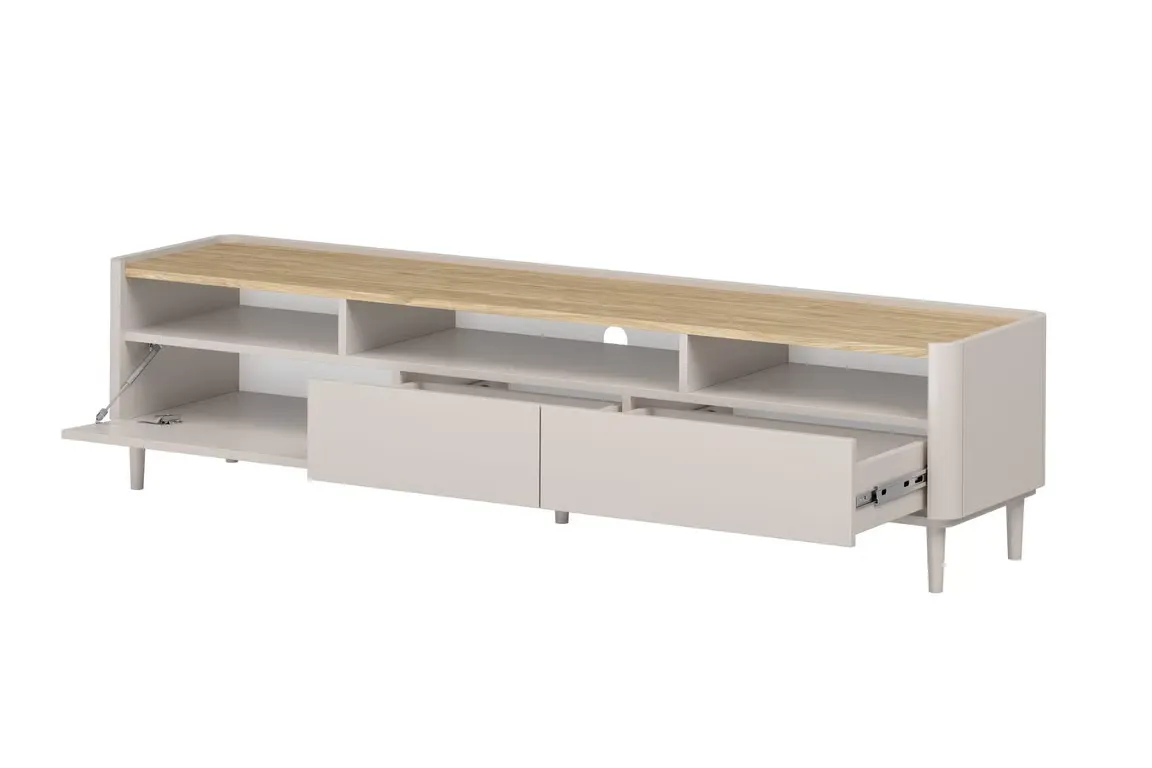 Szafka RTV z 1 klapą i 2 szufladam ELIVO RTV 200cm drewniane nóżki cashmere dąb olejowany — zdjęcie 3