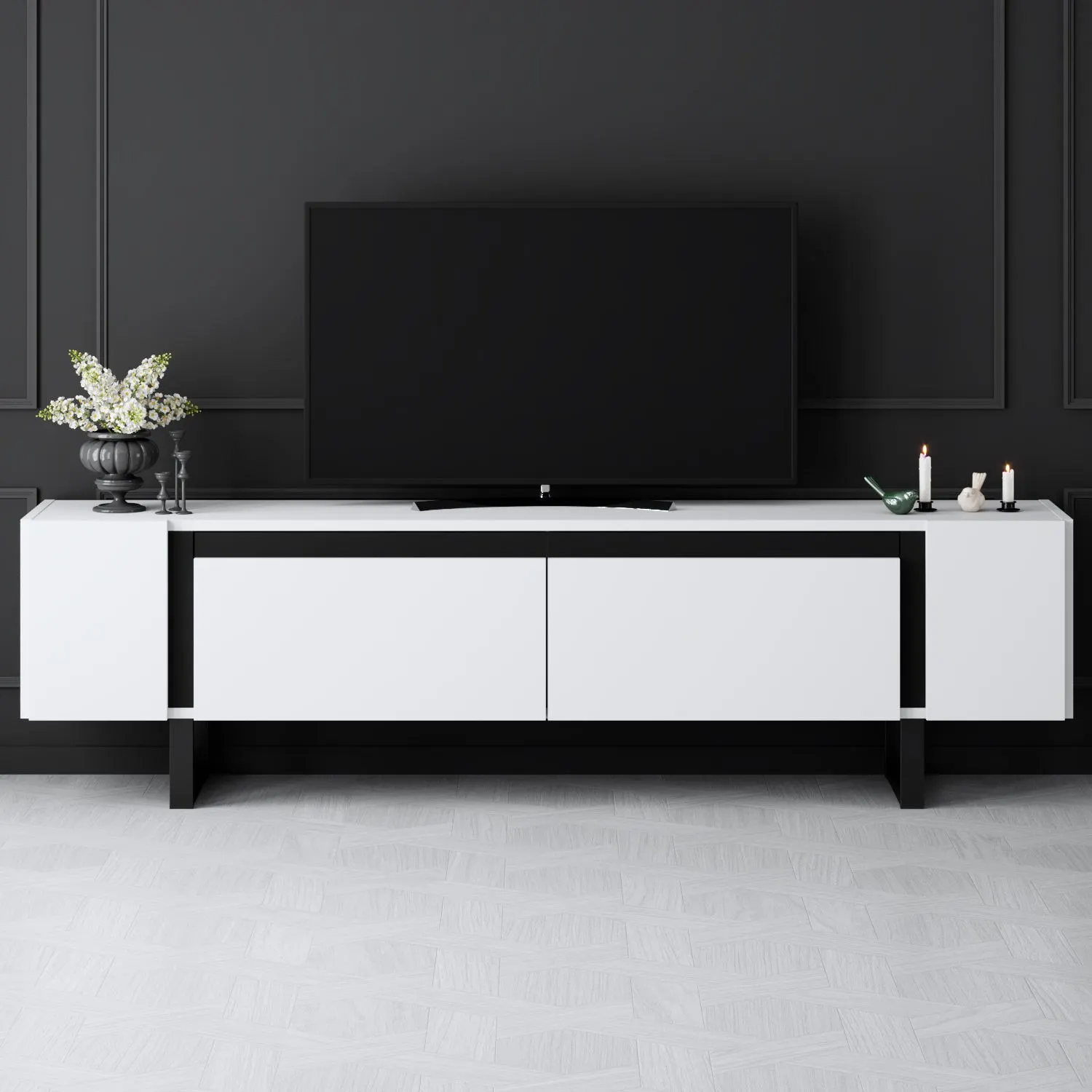 Szafka RTV z 2 klapami YILDIZ 180x30x50 cm biały czarny — zdjęcie 4
