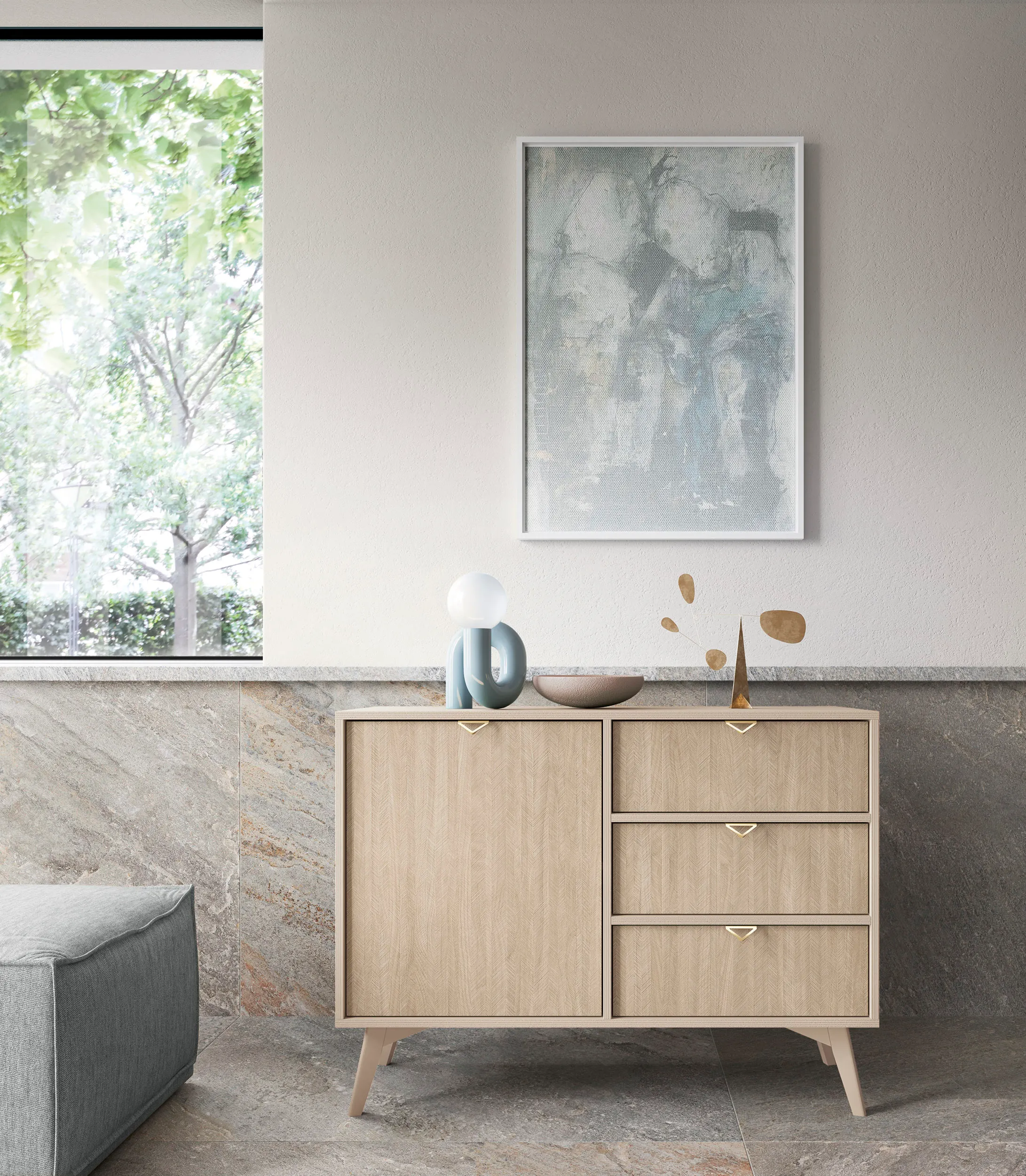 Komoda 1-drzwiowa z 3 szufladami FOREST Piaskowy, Jodełka - FOREST_KSZD106_PIAS