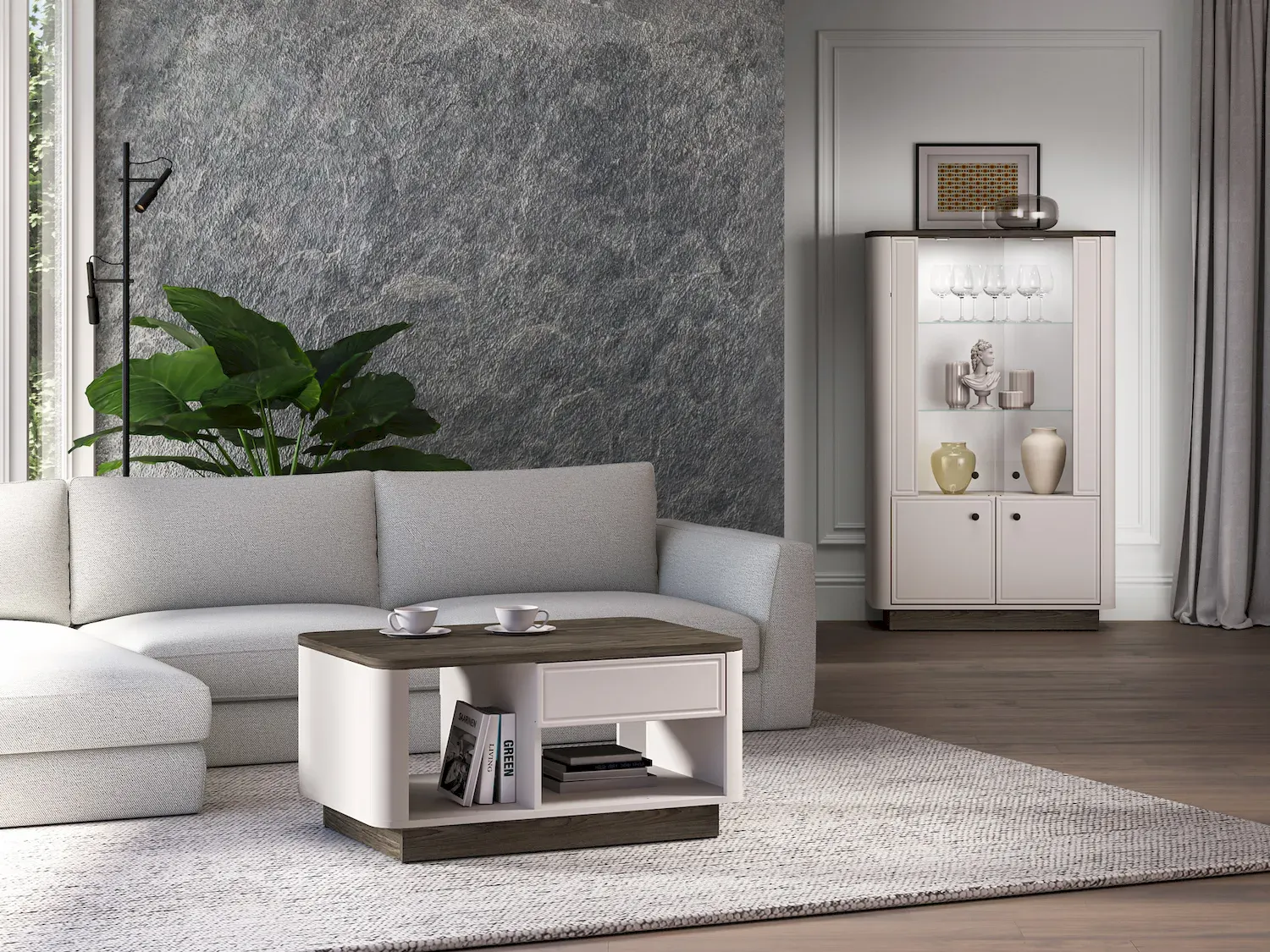 Stolik kawowy z szufladą i półką VILAVIO 06 dąb windmill cashmere cokół - 1VILA06-001