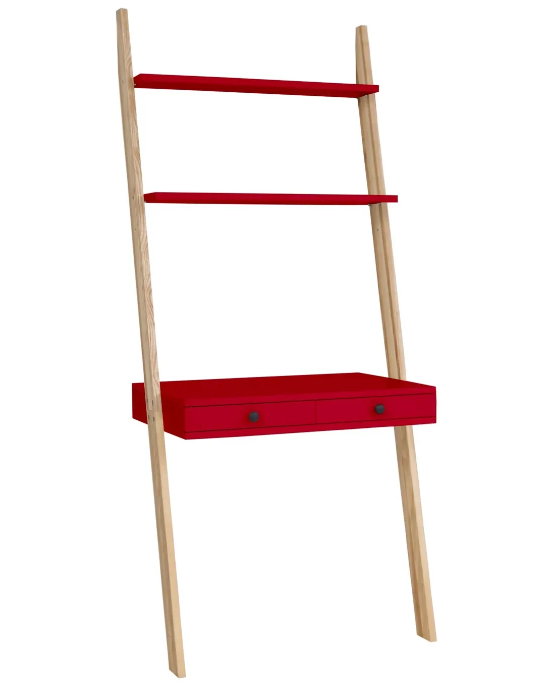 Biurko pionowe z szufladami i półkami LENO 79x183 czerwony blat/jesionowe nogi