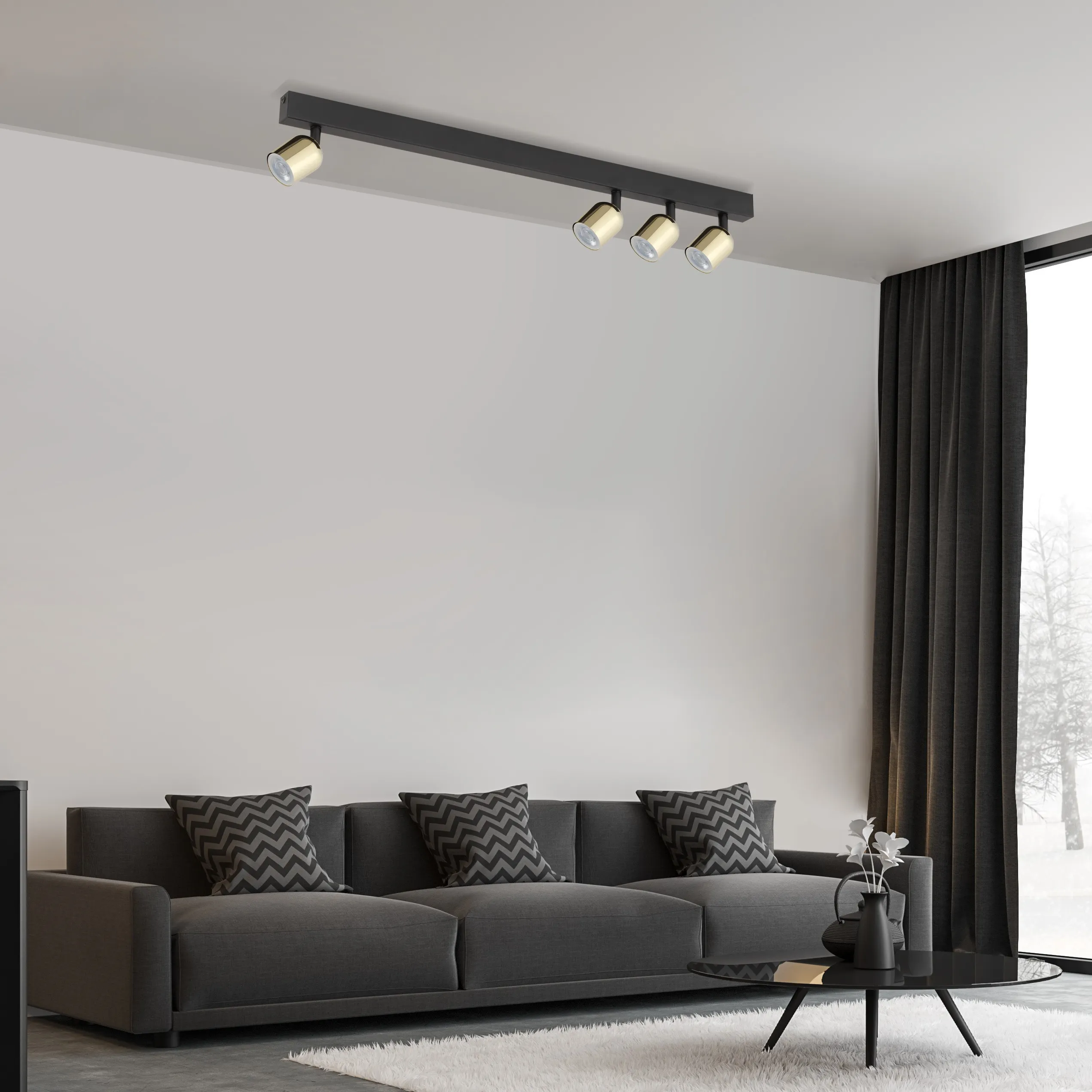 Lampa sufitowa TOP czarna ze złotymi reflektorami niesymetryczna na metalowej listwie 94x18x16cm - TK_6314