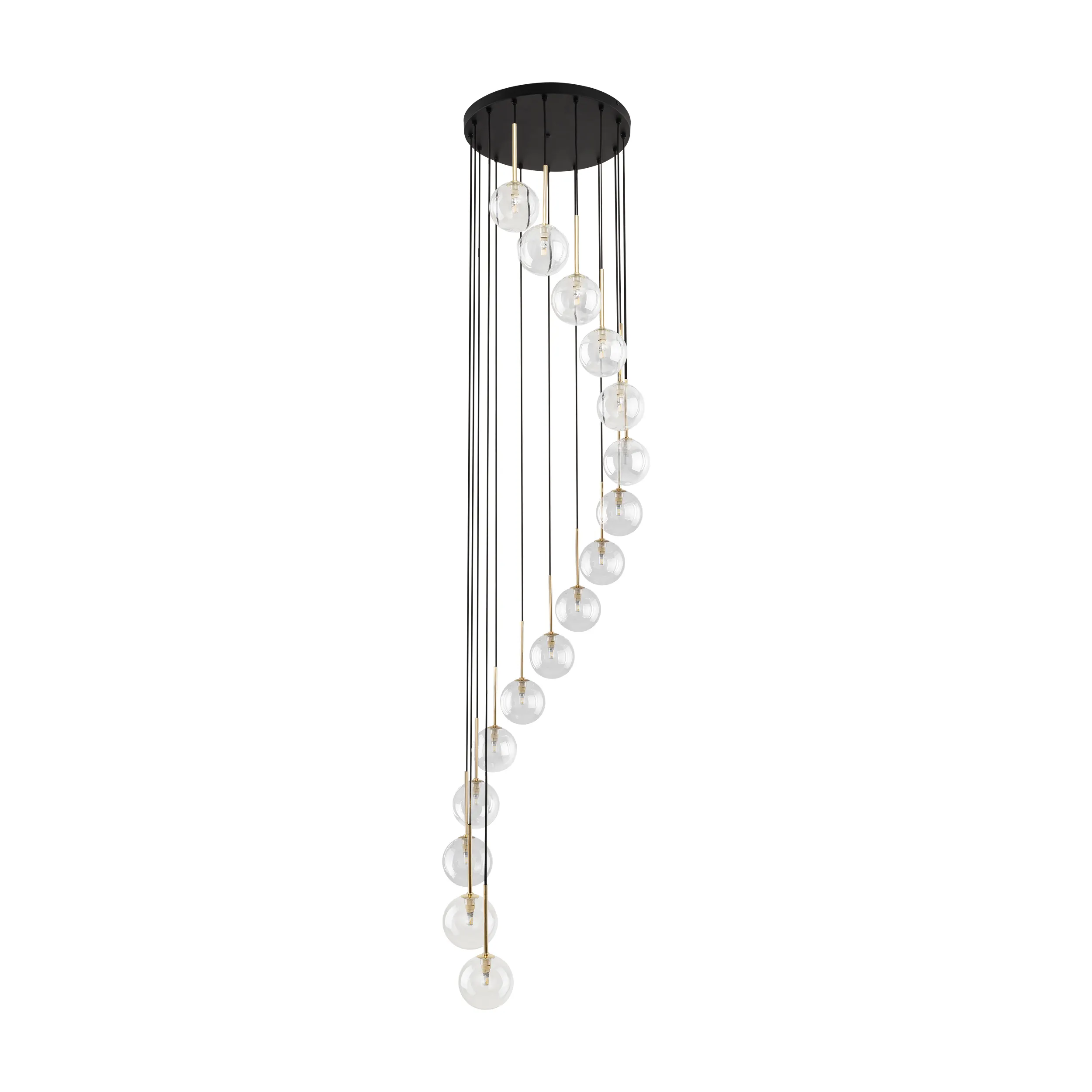 Lampa wisząca AURORA czarna ze złotymi elementami na przeźroczystych przewodach z transparentnymi okrągłymi szklanymi kloszami 240x50cm