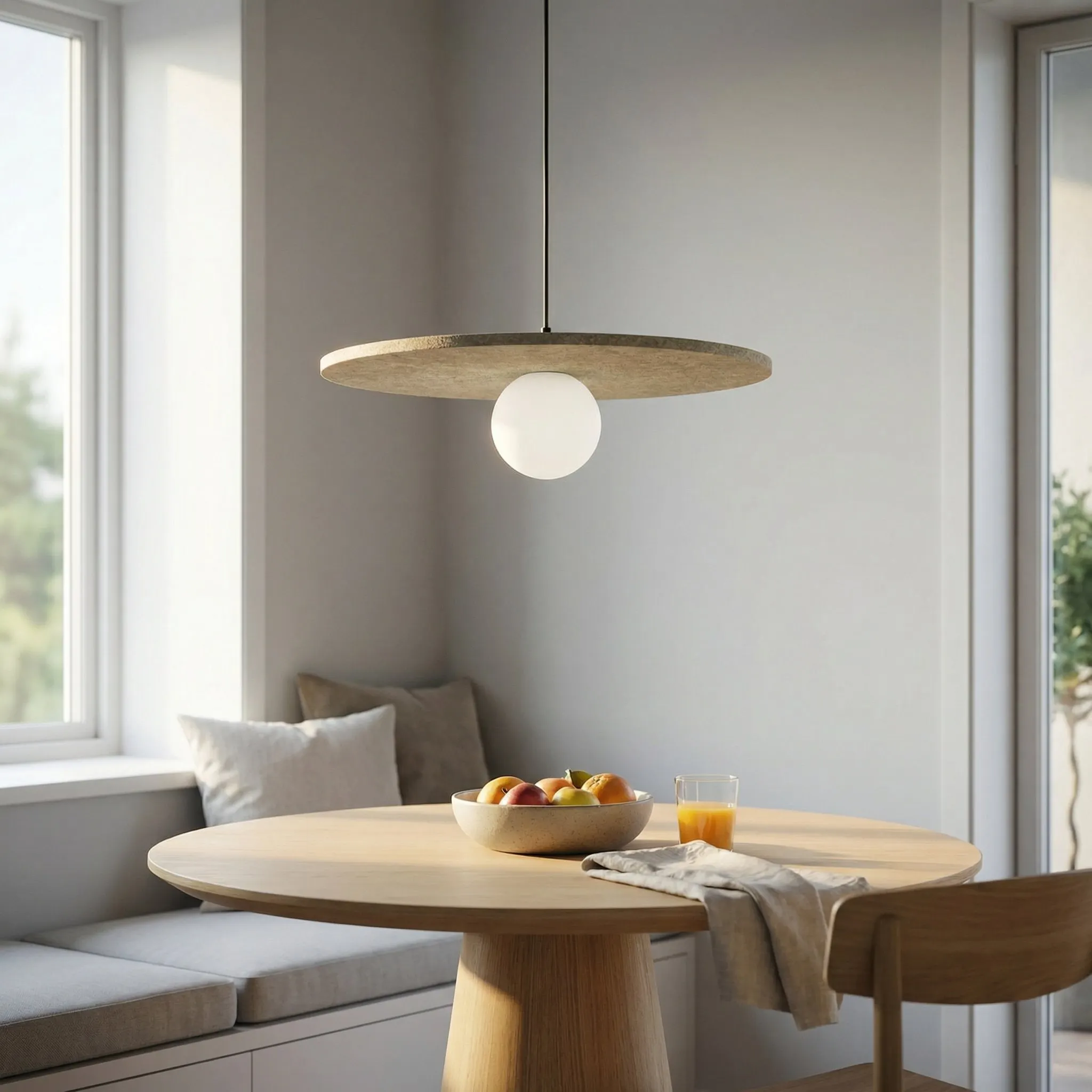 image lampa wisząca, stół drewniany, owocowa miska, szklanka soku, poduszki na krzesło