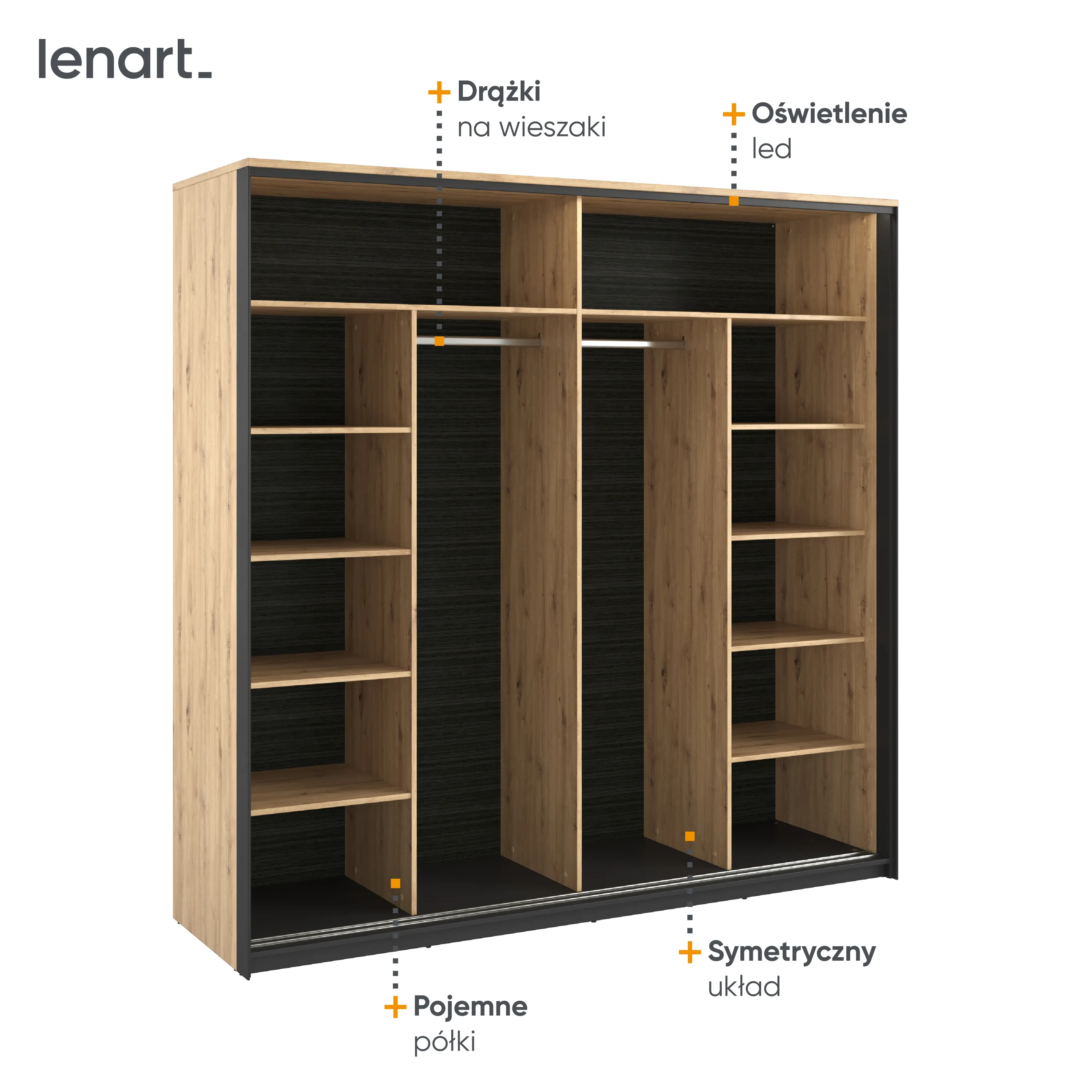 Szafa 2-drzwiowa z lustrem LED Quant QS-01 220cm dąb artisan/czarny - QS1DAC