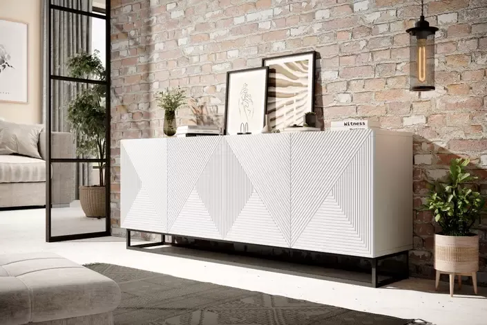 Komoda 4-drzwiowa ASHA 200 4D - biały mat - czarny stelaż - ryflowany front - B_52088