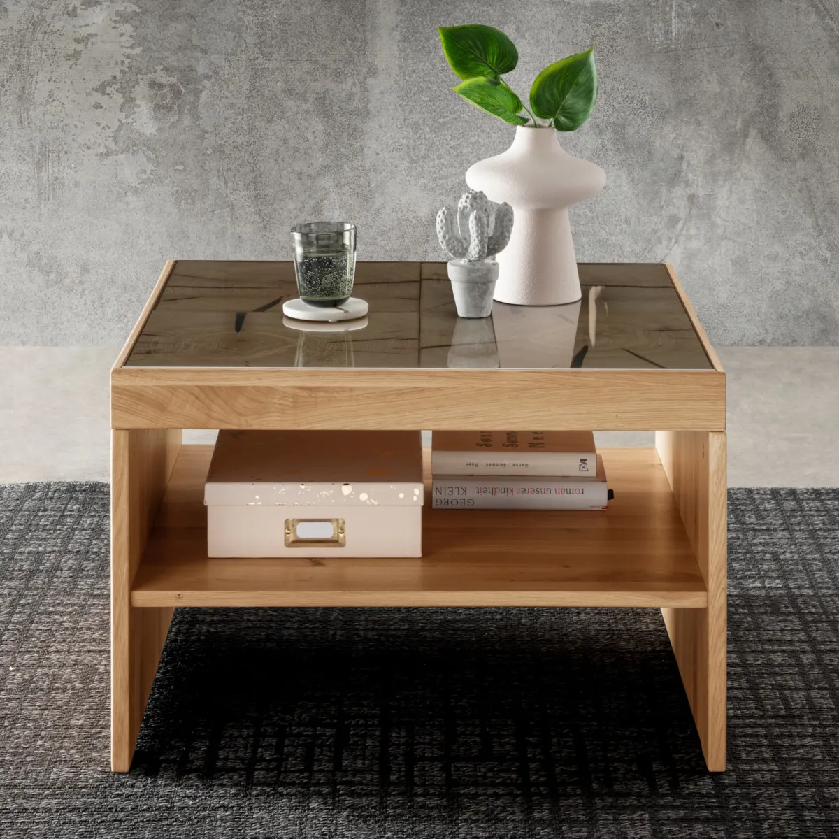 Stolik kawowy dębowy PRESENT 66x66 z półką - GK_103623140202