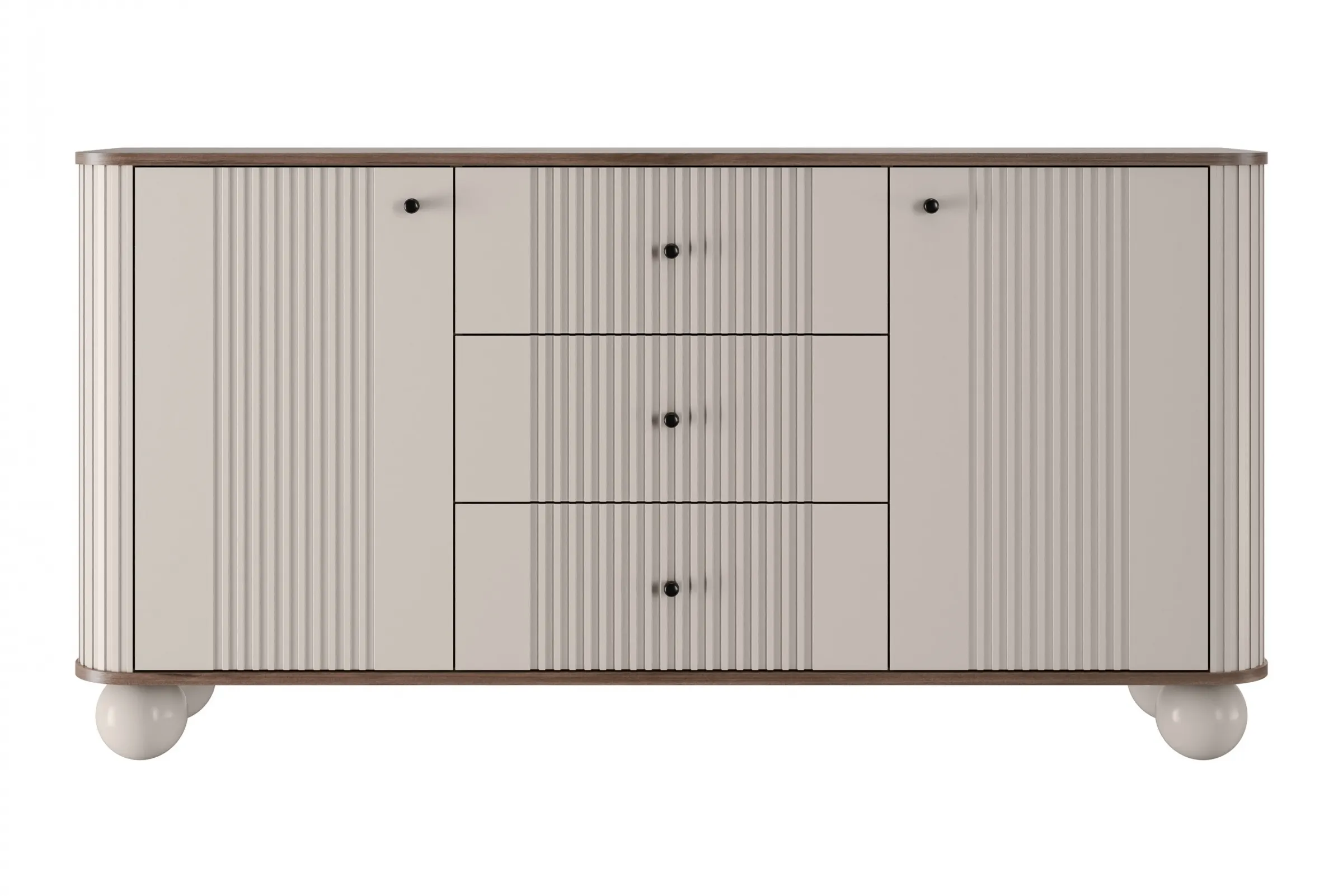 Komoda 2-drzwiowa z 3 szufladami VESPER 160 ryflowany front cashmere orzech czarne uchwyty nogi kule - B_163610