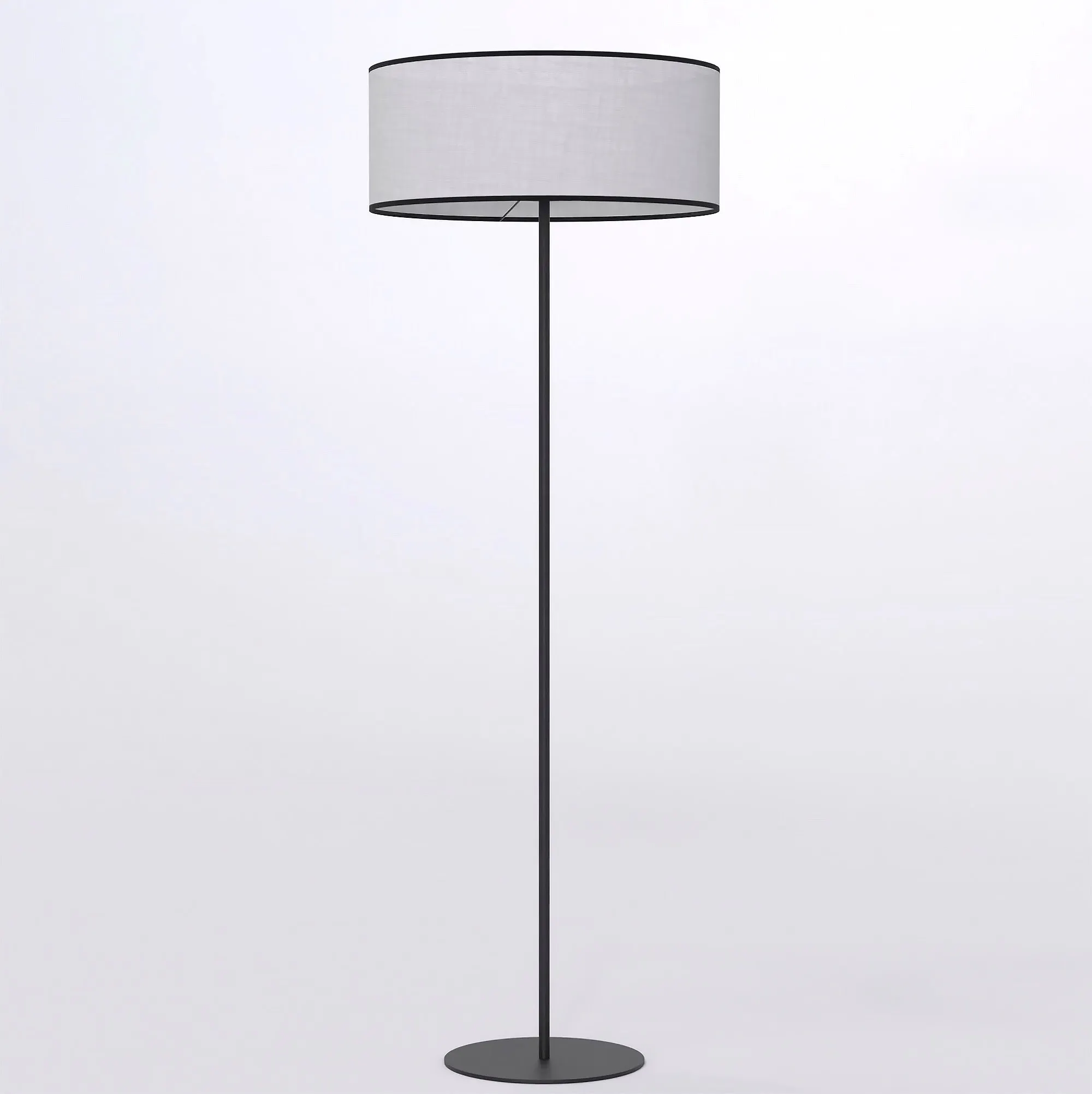 lampa stojąca, stalowa konstrukcja, kolor czarny, abażur szary, podstawa okrągła