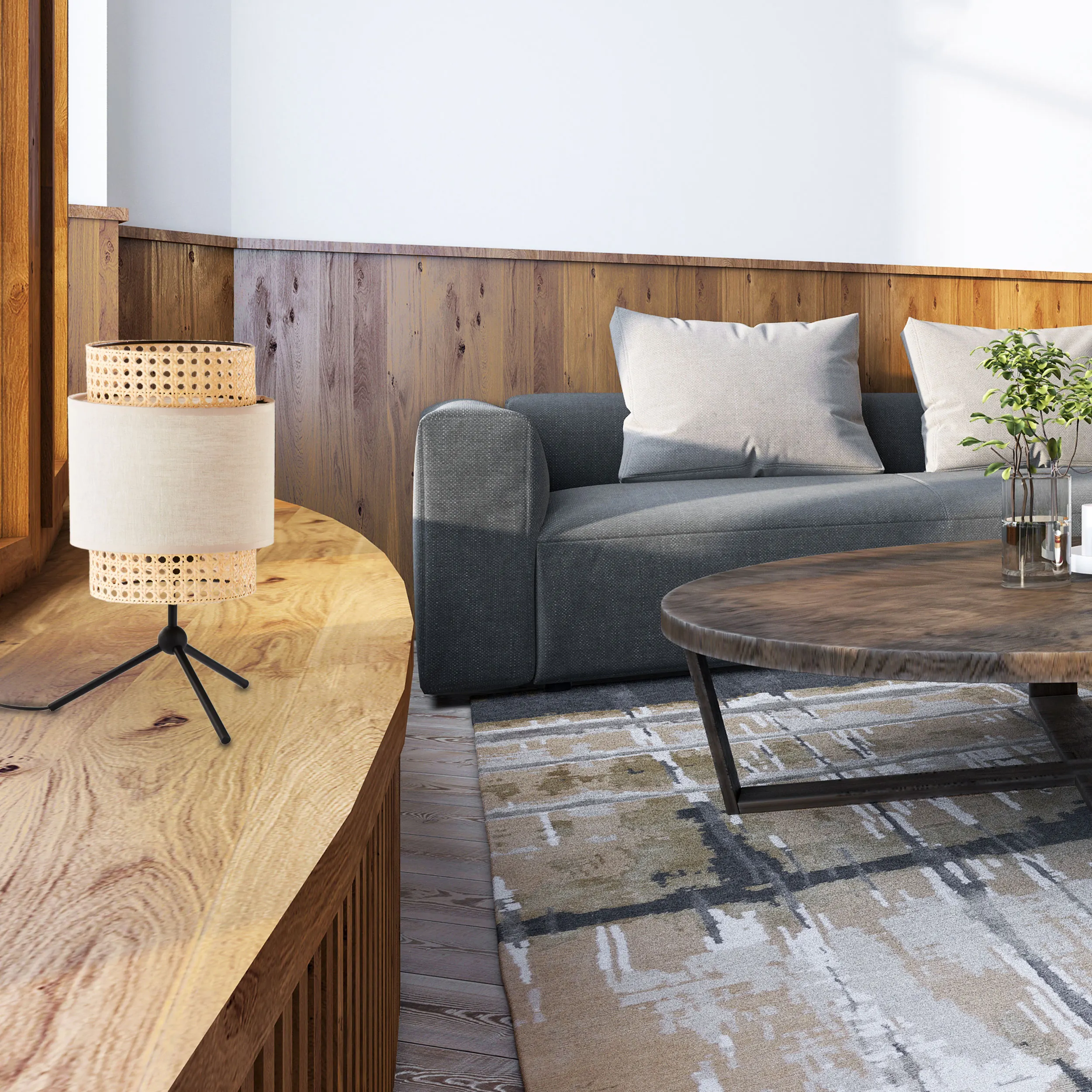 Lampka nocna BOHO NATURE czarna z brązowym kloszem z tkaniny i plecionki 40x20cm - TK_5577