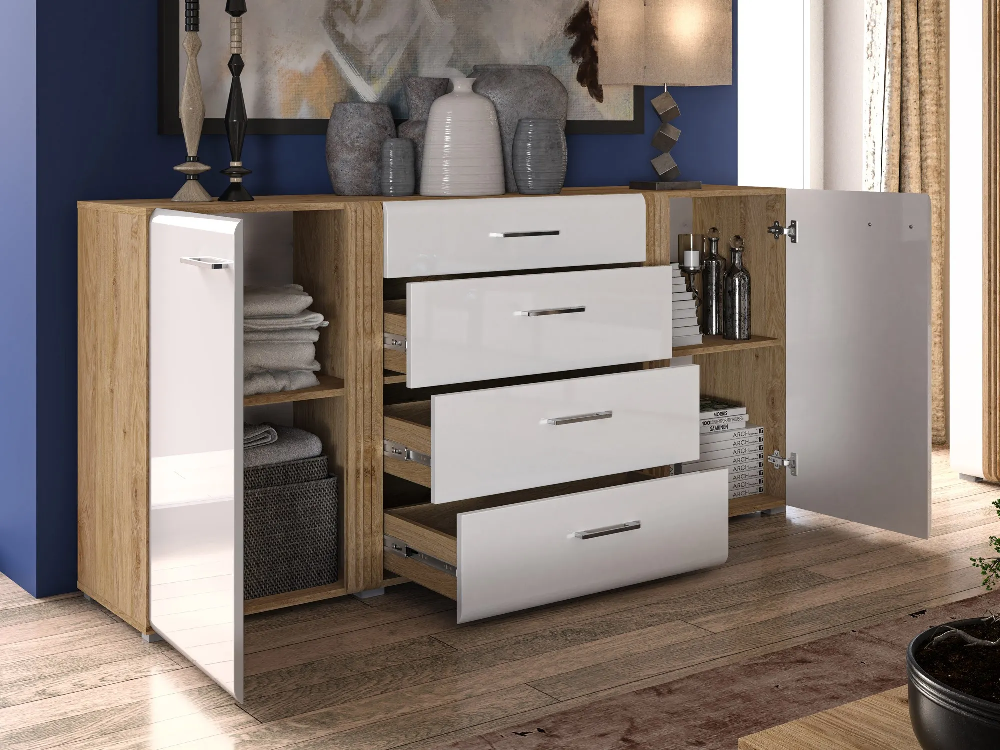 Komoda 2-drzwiowa z 4 szufladami ADAGIO 06 dąb castello, biały połysk - 1ADAG06-001