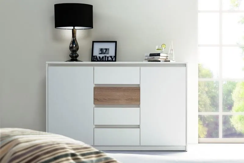 Komoda WENECJA 06 2-drzwiowa z szufladami biała dąb sonoma 145x90x38cm - TH-100-0619