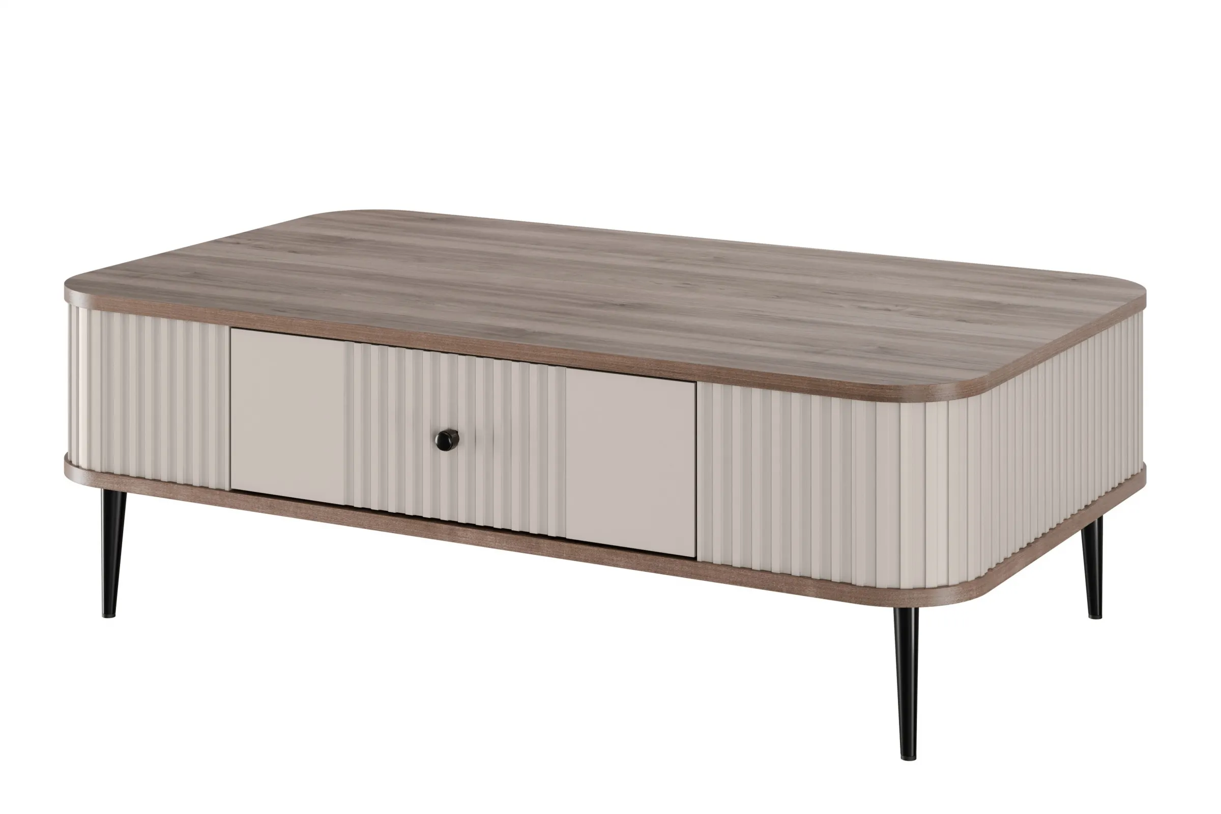 Stolik kawowy z szufladą VESPER 103 ryflowany front cashmere orzech czarne nogi