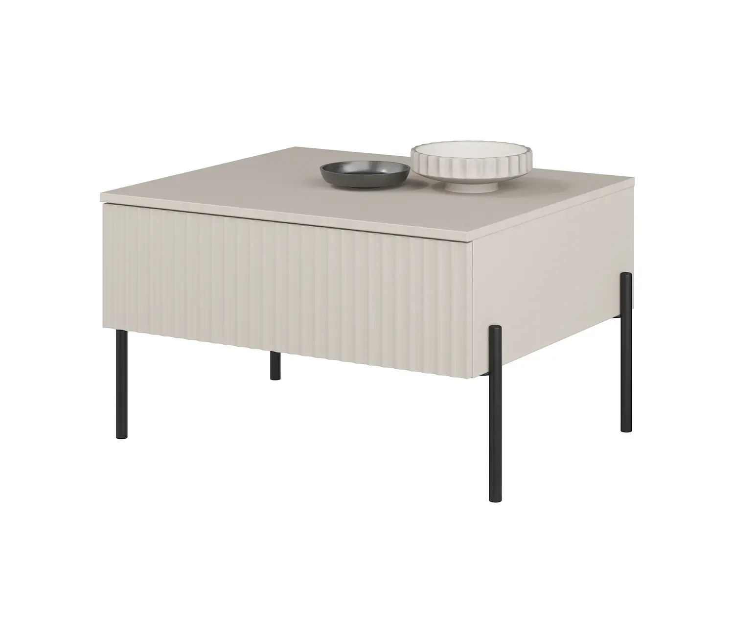 Stolik kawowy z szufladą ORE 61x70 cm ryflowany front kaszmir czarne nóżki - 24KROG98