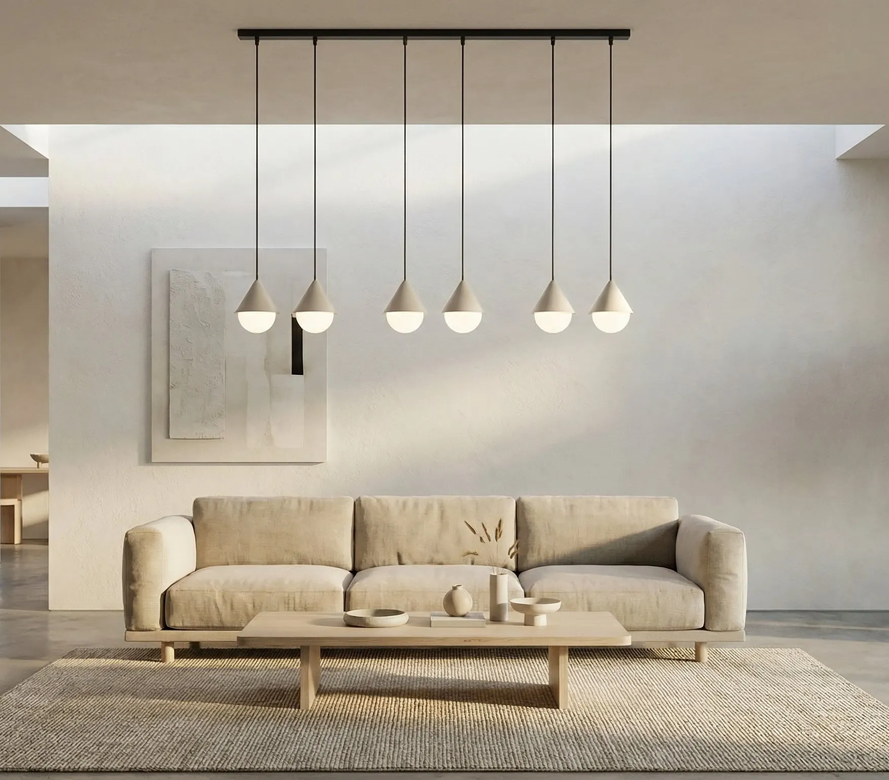 image sofa, sofa beige, living room, pendant lights, coffee table