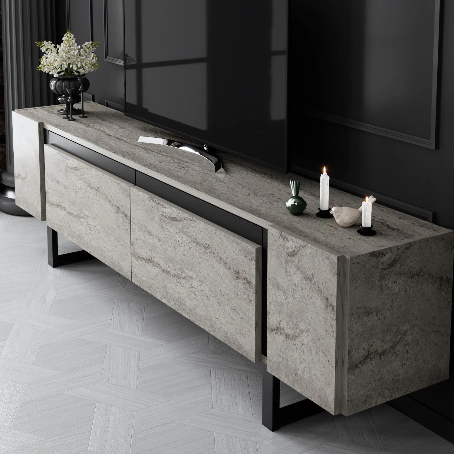 Szafka RTV z 2 klapami YILDIZ 180x30x50 cm trawertyn czarny stelaż - ASI_618BLY1277