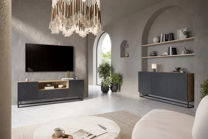 Komoda 2-drzwiowa z 3 szufladami ASHA 167 z szufladami - szara - dąb artisan z czarnym stelażem - ryflowany front - B_57066