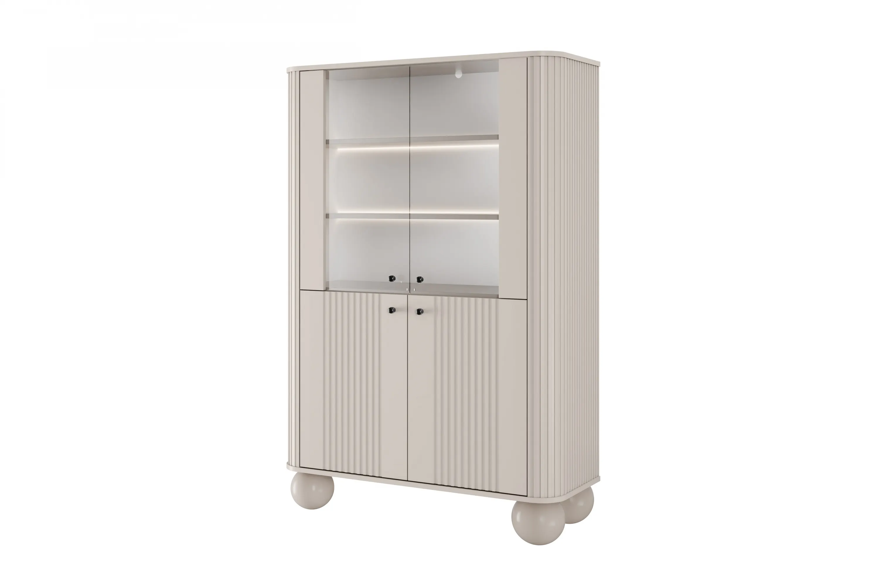 Witryna 4-drzwiowa z oświetleniem VESPER 103 ryflowany front cashmere czarne uchwyty nogi kule