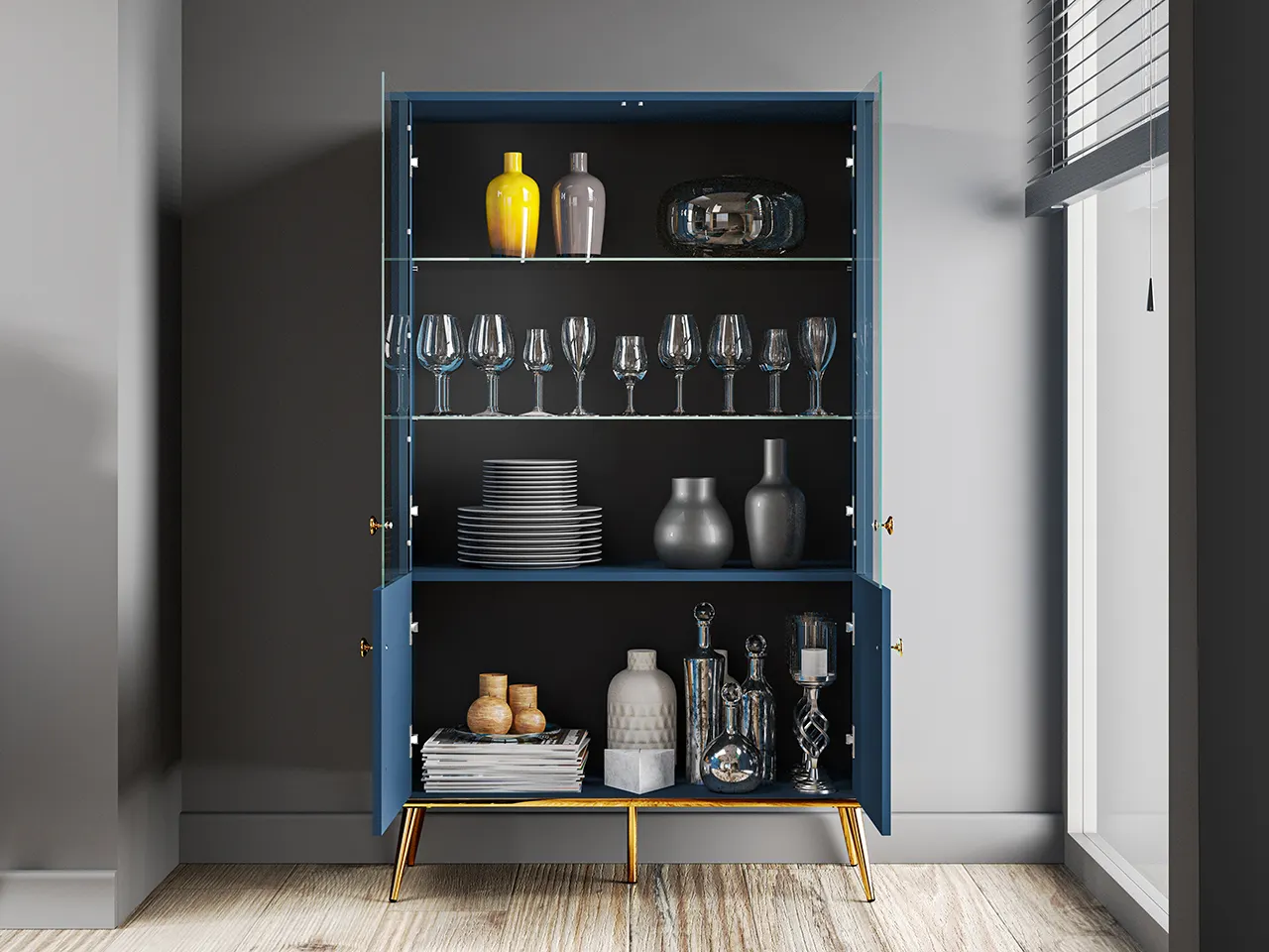 Witryna 2-drzwiowa MARINE 02 błękit ciemny, złoty - 1MARI02-001