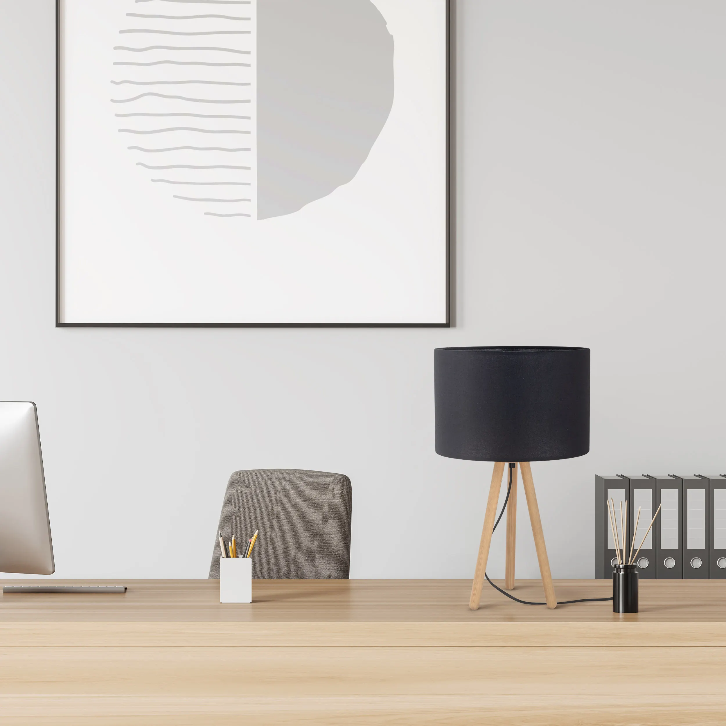 Lampka nocna TOKYO jasne drewniane nogi czarny okrągły abażur 52x30cm - TK_5293