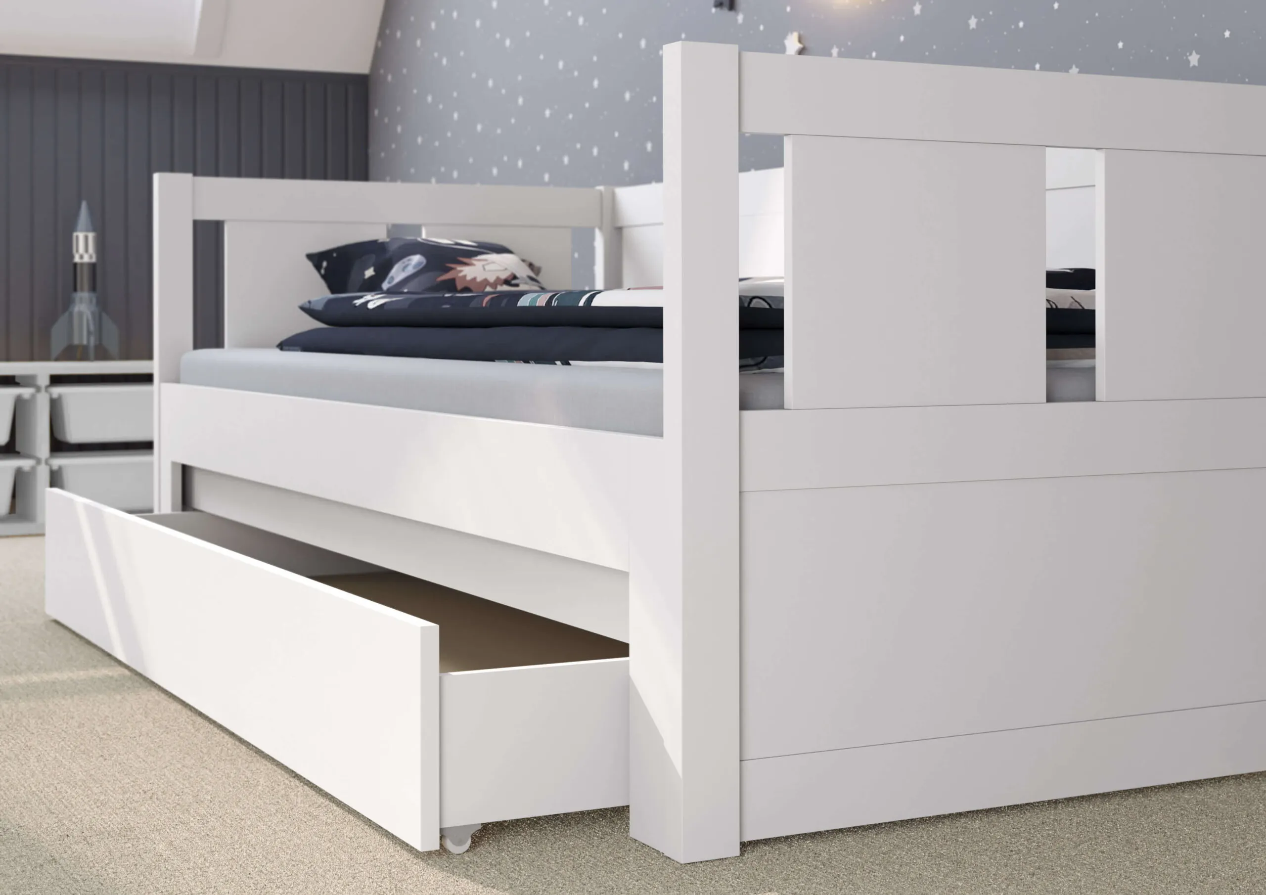 Łóżko drewniane rozkładane MOON 90x200 z oparciem białe - LMOONBIA90