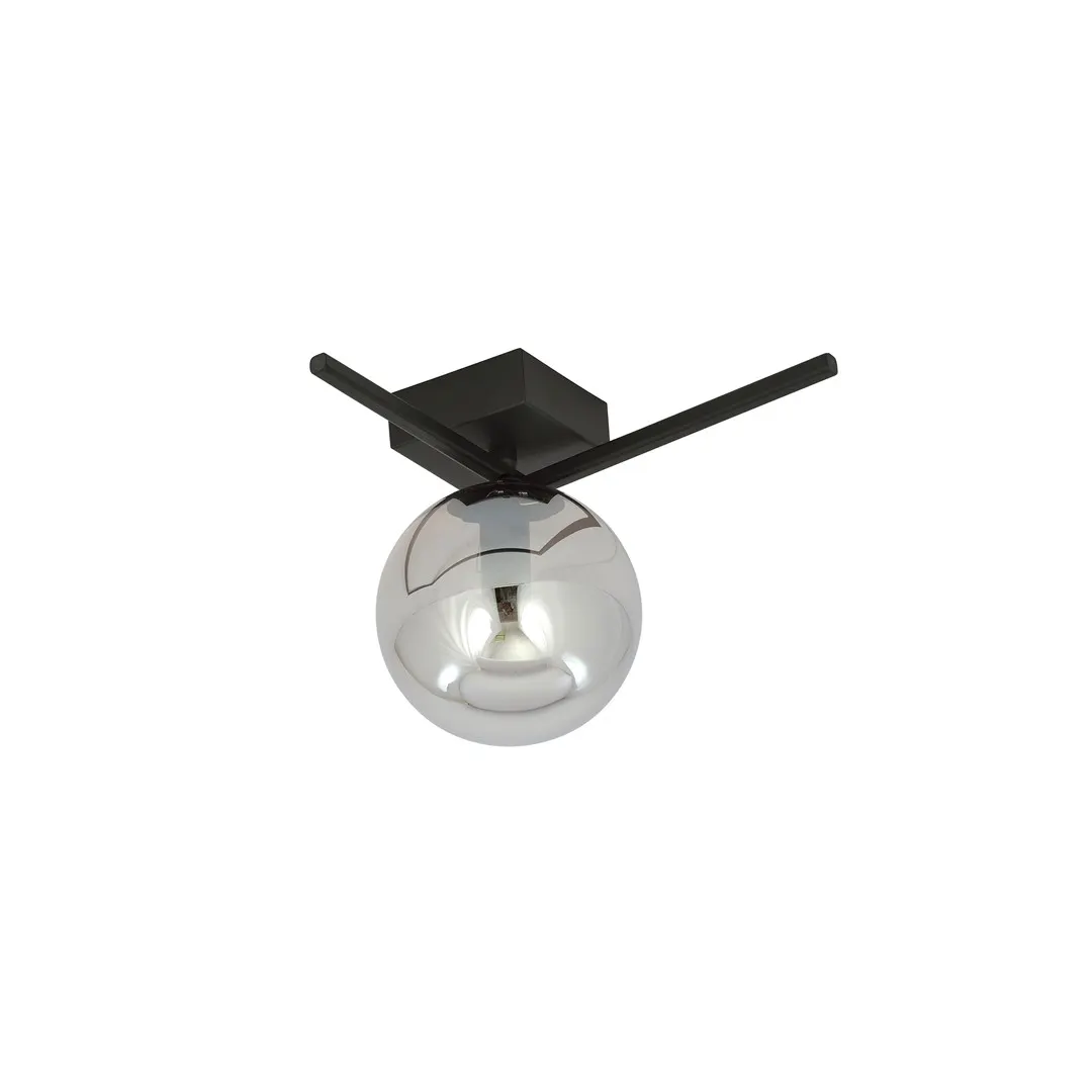 lampa sufitowa, balonowa kula, czarna oprawa, metalowy stelaż, oświetlenie domowe