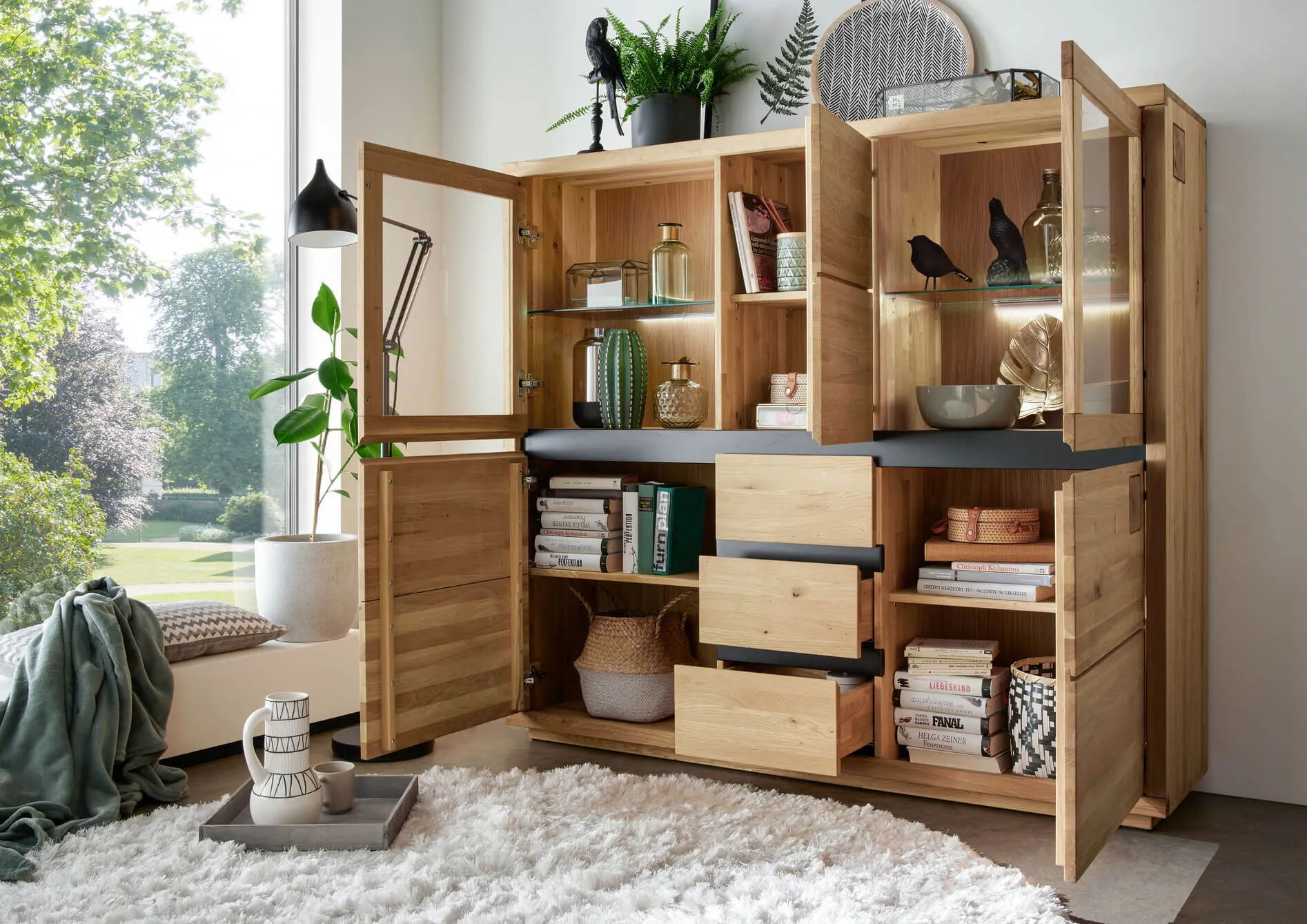 Kredens dębowy z przeszkleniem HALLOW 166x148 5-drzwiowy z 3 szufladami - GK_1031595401