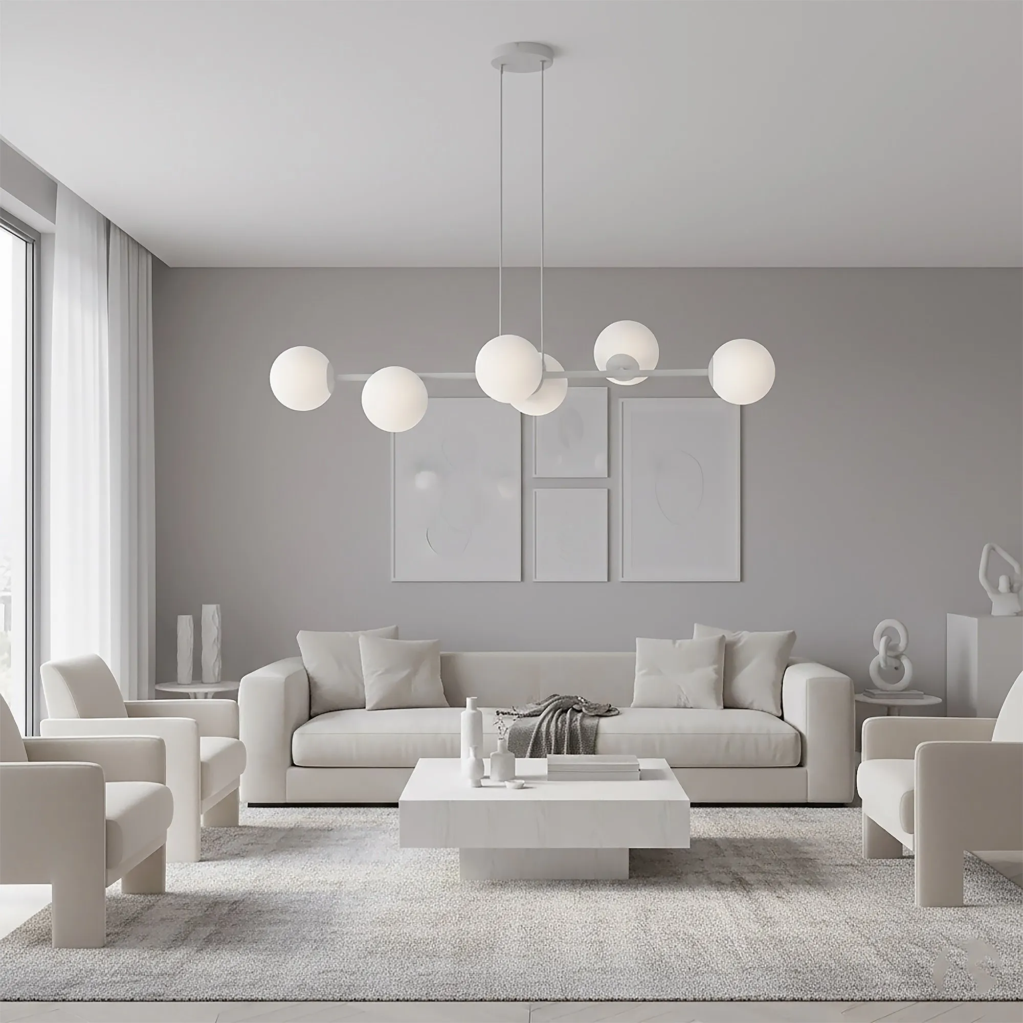 lampa wisząca, ball chandelier, nowoczesny design, salon biały, stół kawowy