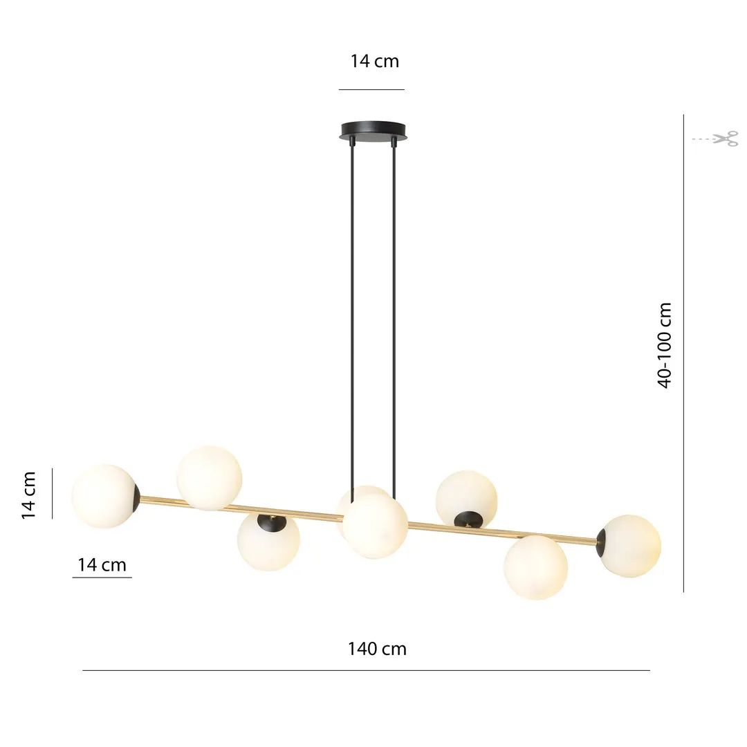 lampa wisząca, kuleczki, metalowa konstrukcja, biało-czarne elementy, długa belka 140 cm