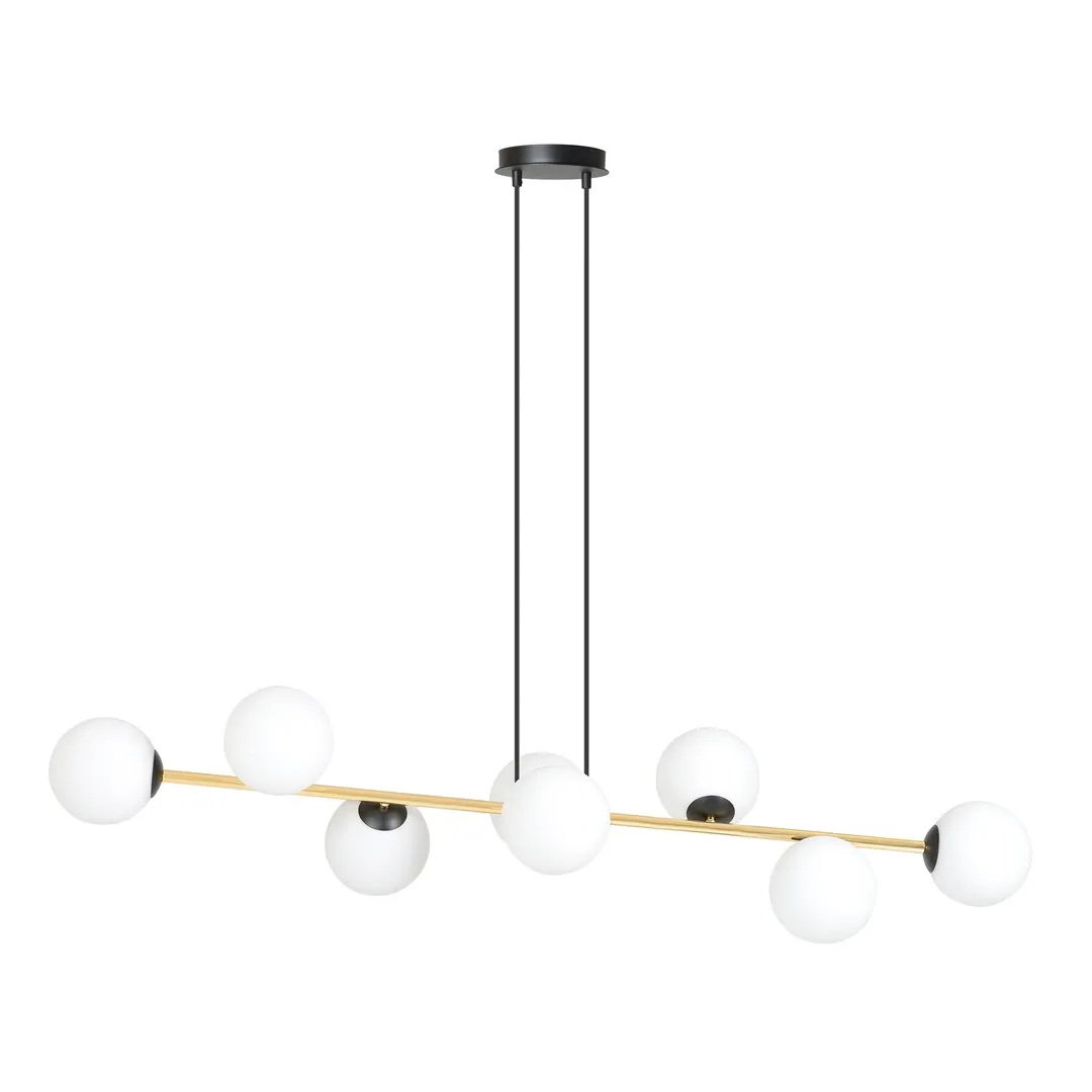lampa wisząca, kule LED, metalowy stelaż, czarna konstrukcja, żyrandol