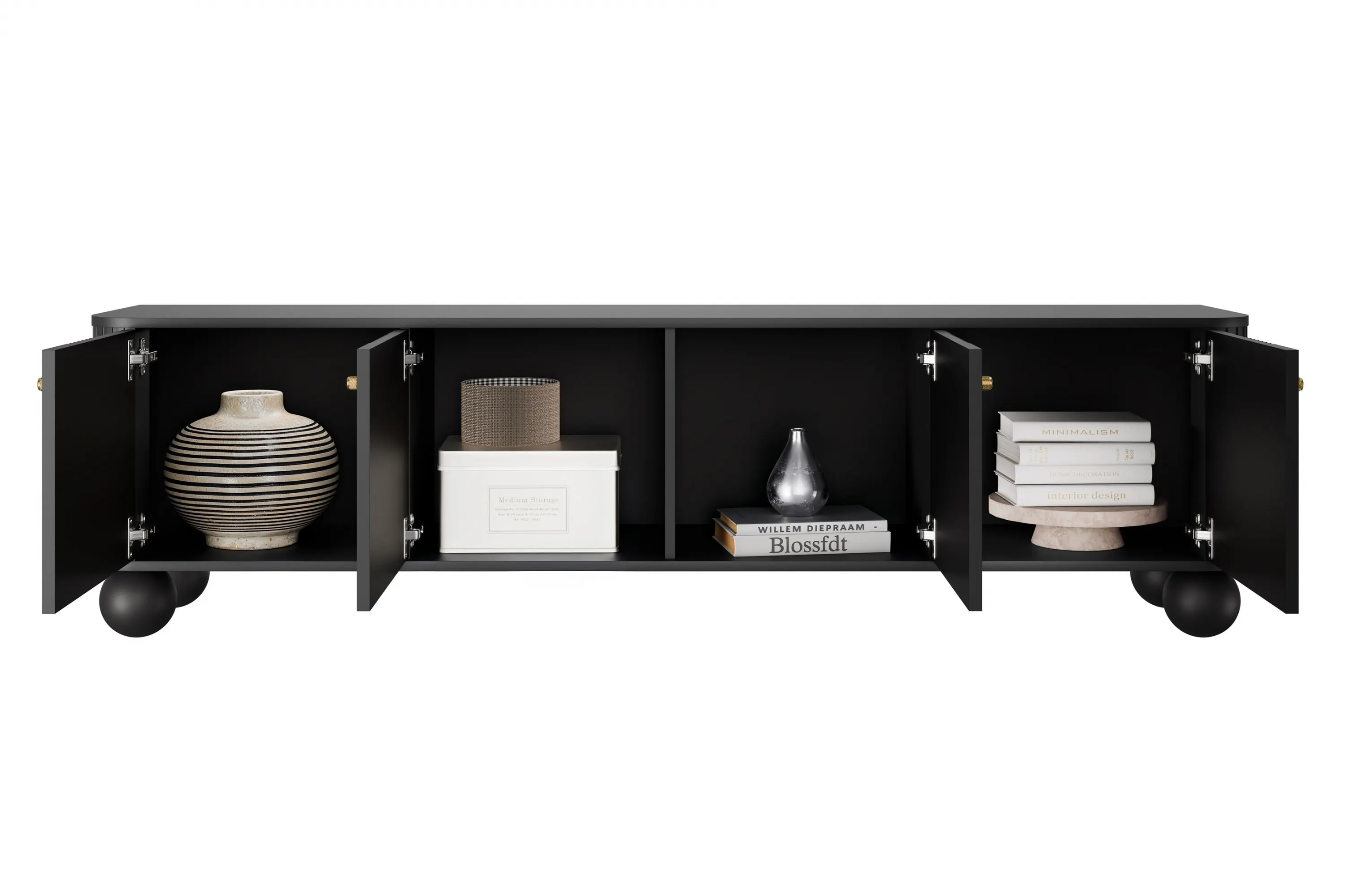 Szafka RTV 4-drzwiowa VESPER RTV 187 ryflowany front czarna złote uchwyty nogi kule - B_163774