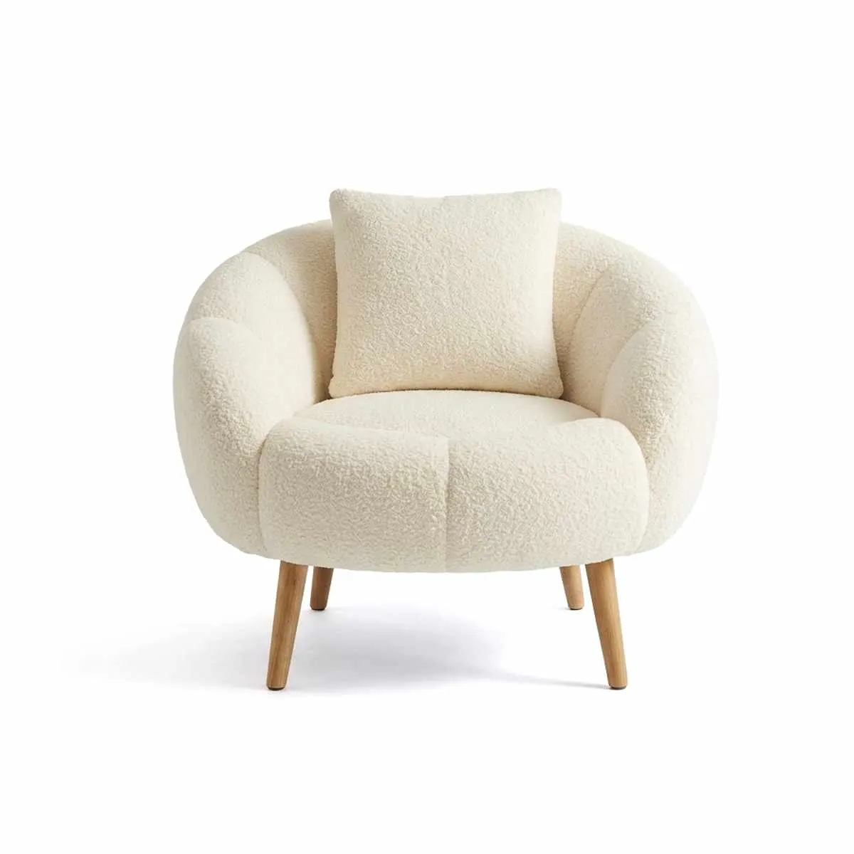 image fotel, armchair, tkanina boucle, kolor beżowy, drewniane nogi
