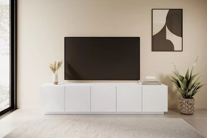 Szafka RTV ASHA 200 5D - biały mat- ryflowany front - cokół — zdjęcie 6