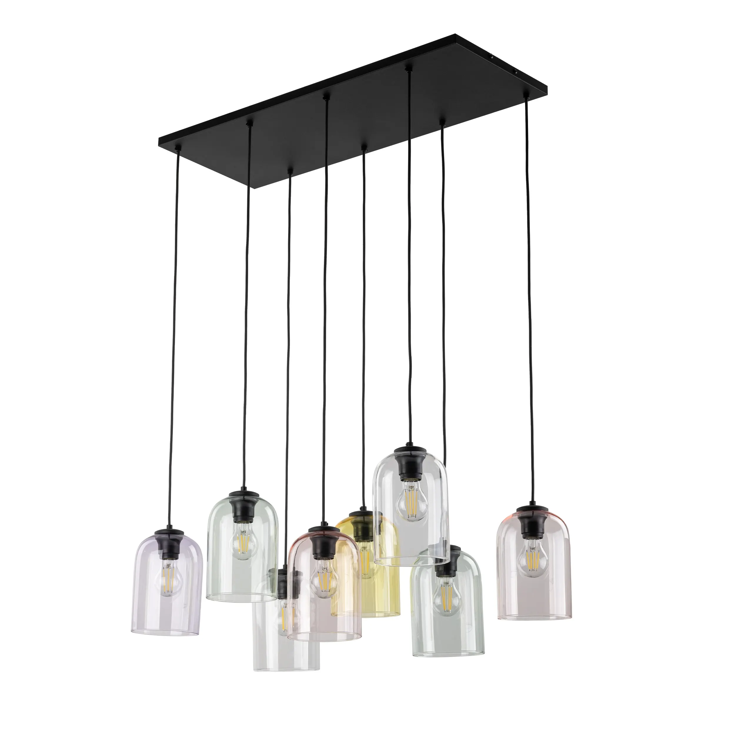 Lampa wisząca MOLLY czarny z różnokolorowymi kloszami transparentnym szarym fioletowym różowym żółtym 150x78x38cm