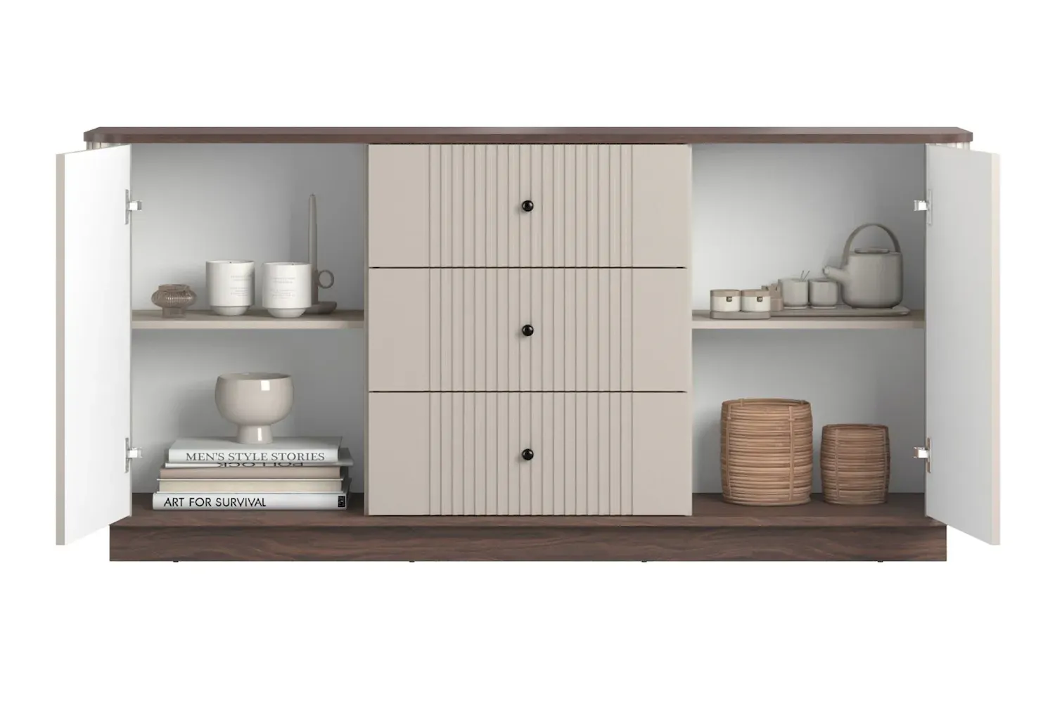 Komoda 2-drzwiowa z 3 szufladami VESPER 160 ryflowany front - cashmere orzech czarne uchwyty cokół - B_169441