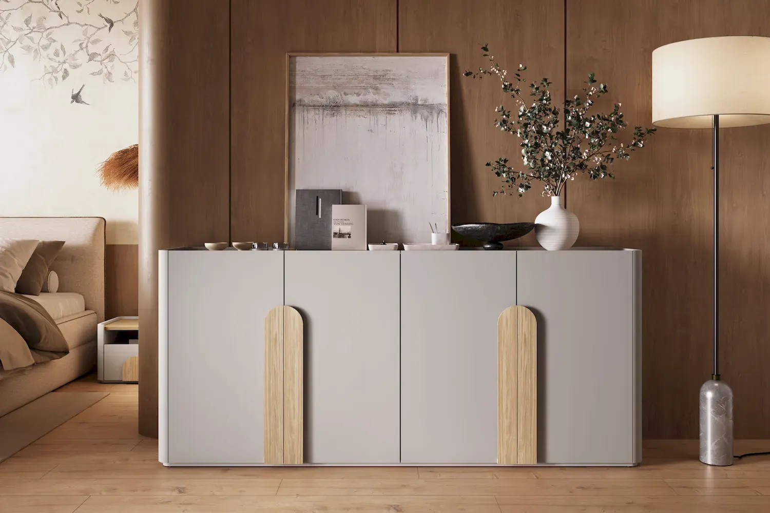 Komoda 4-drzwiowa AMILIO 200 - cashmere dąb olejowany uchwyty dąb jasny - B_169213