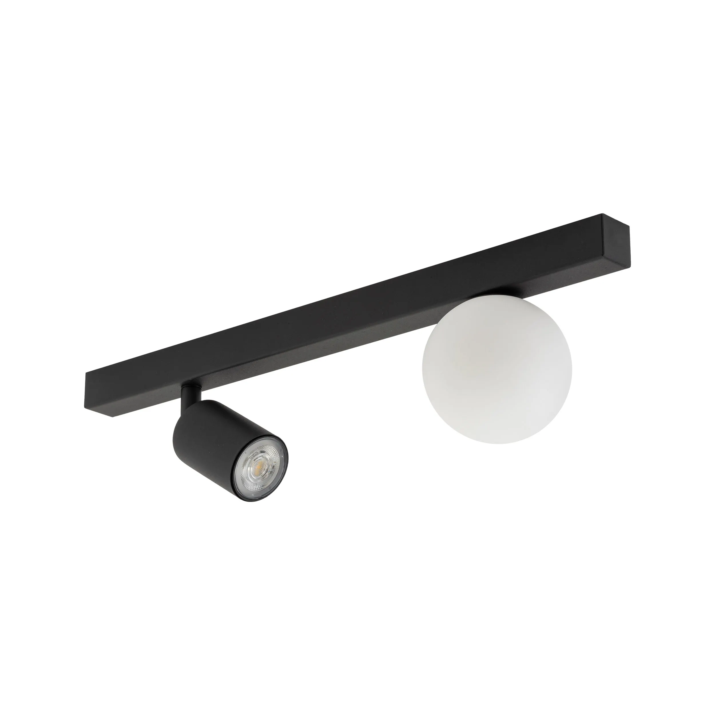 Lampa sufitowa VOX czarna na metalowej listwie z białym okrągłym szklanym kloszem i regulowanym reflektorem 49x15x14cm