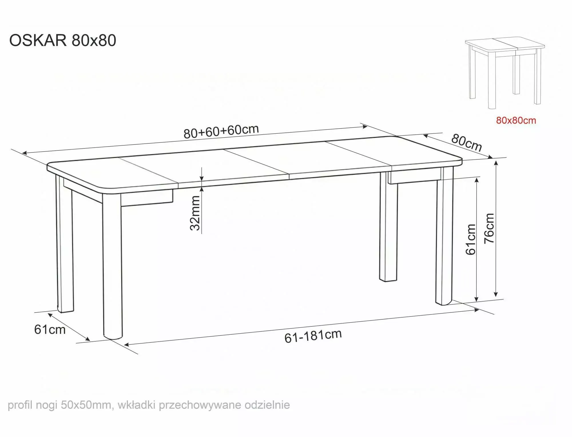 image stół, drewniany, 80x80 cm, rozsuwany, noga kwadratowa