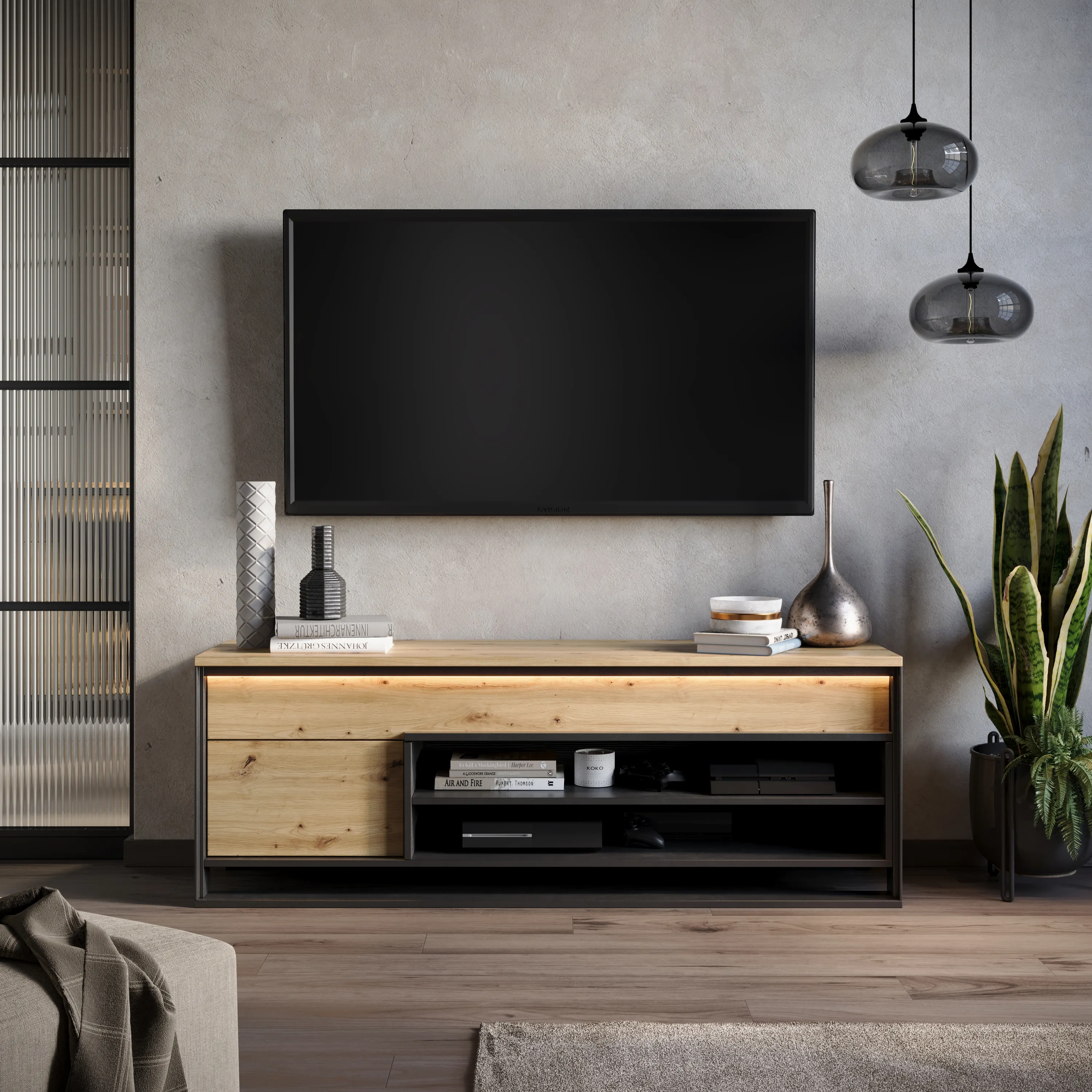 Szafka RTV 155cm LED Quant QA-04 dąb artisan/czarny - QA4DAC