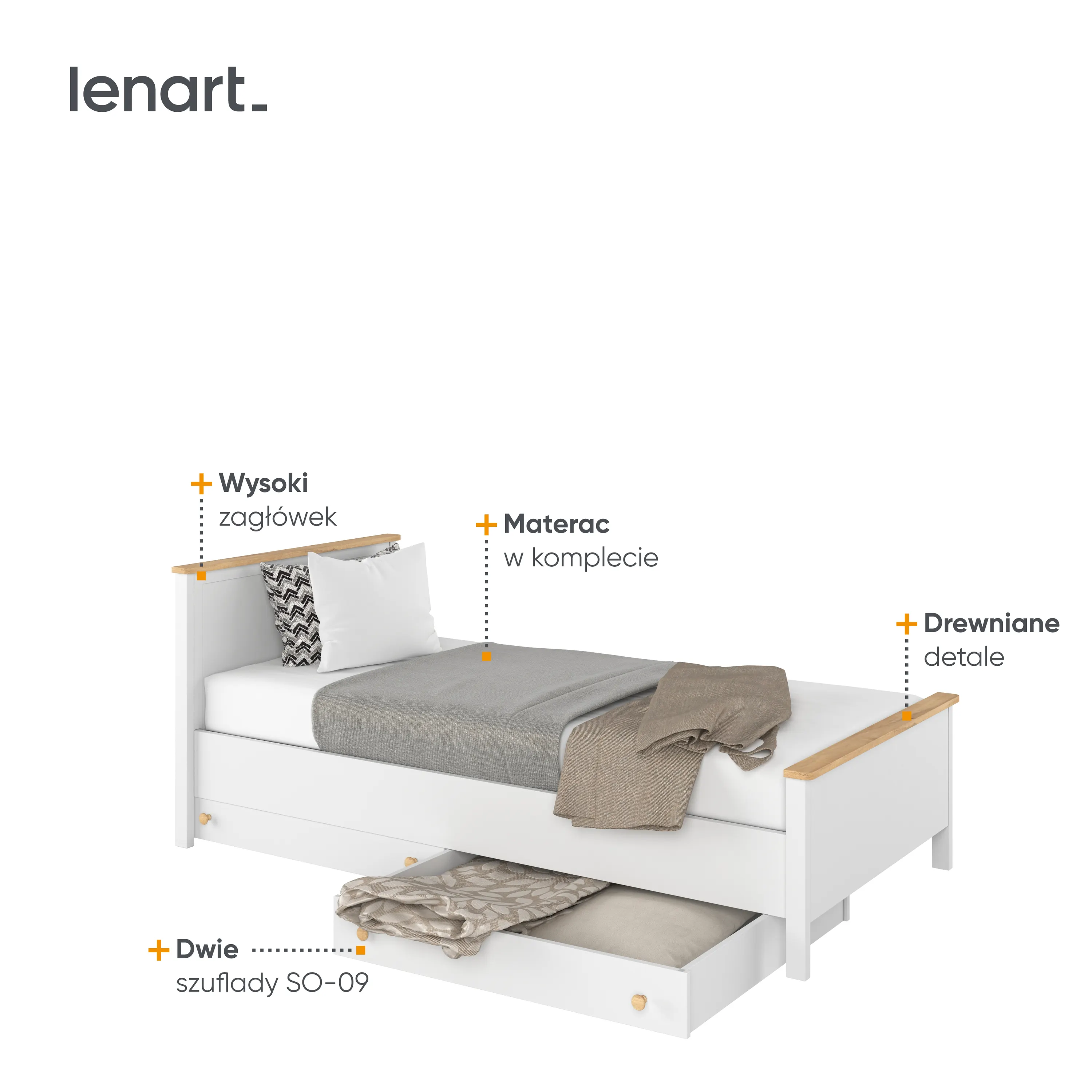 Łóżko z materacem Story SO-08 90x200 białe - SO8BDN