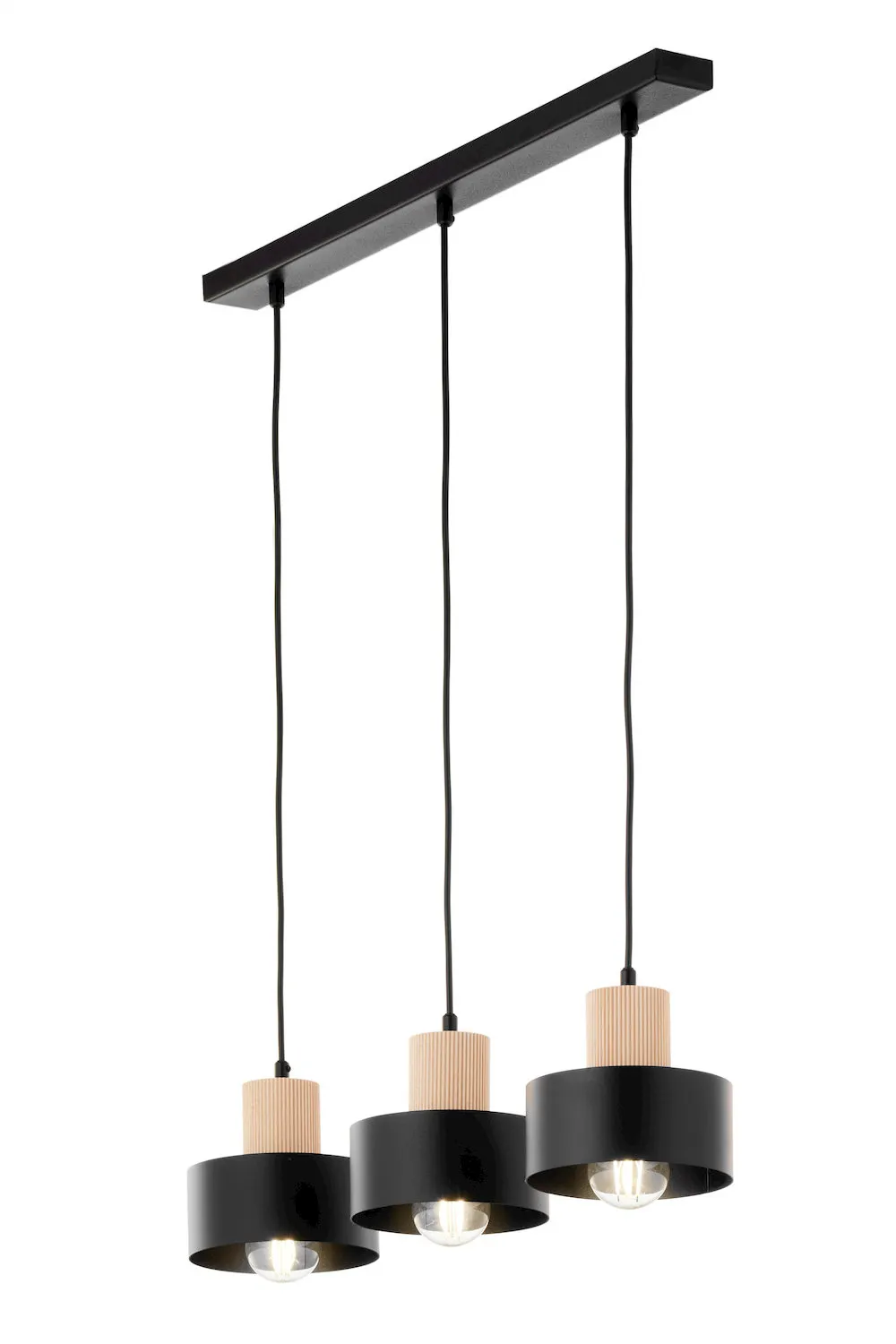 image lampa wisząca, trzy źródła światła, czarna oprawa, drewniane zakończenia, kabel wiszący