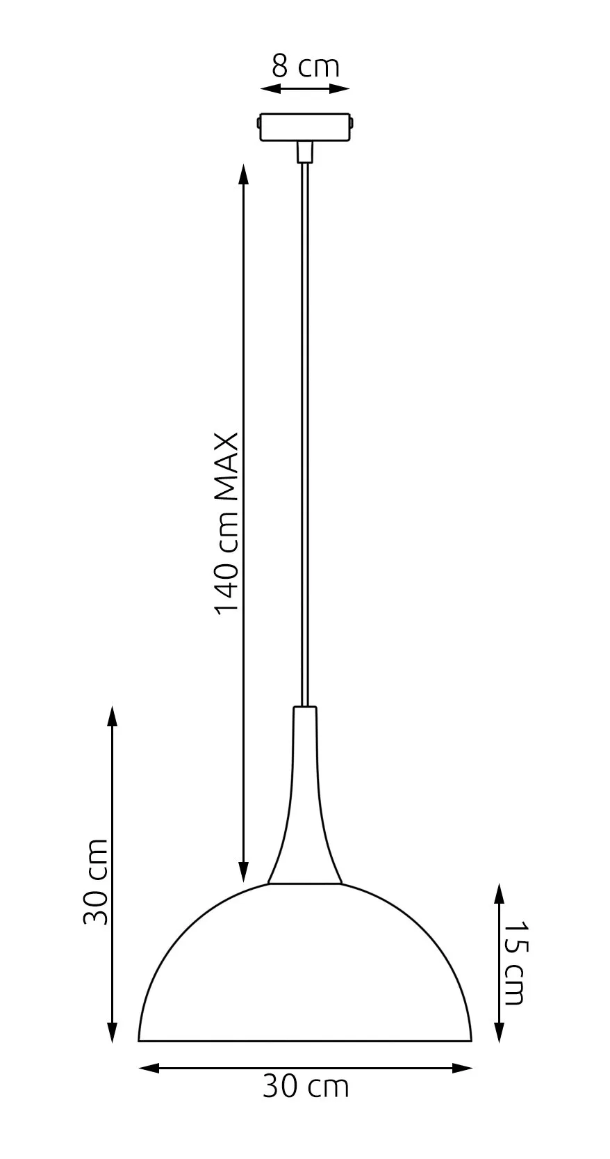 lampa wisząca, korpus półkula, wysięg 140 cm, średnica 30 cm, minimalistyczny design