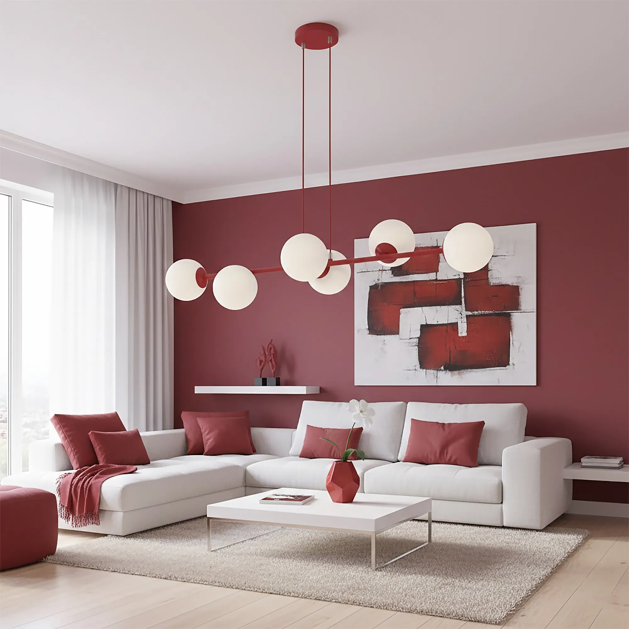 image sofa, pokój dzienny, czerwona ściana akcentowa, nowoczesny żyrandol, biała sofa, poduszki ozdobne, stół kawowy, abstrakcyjny obraz