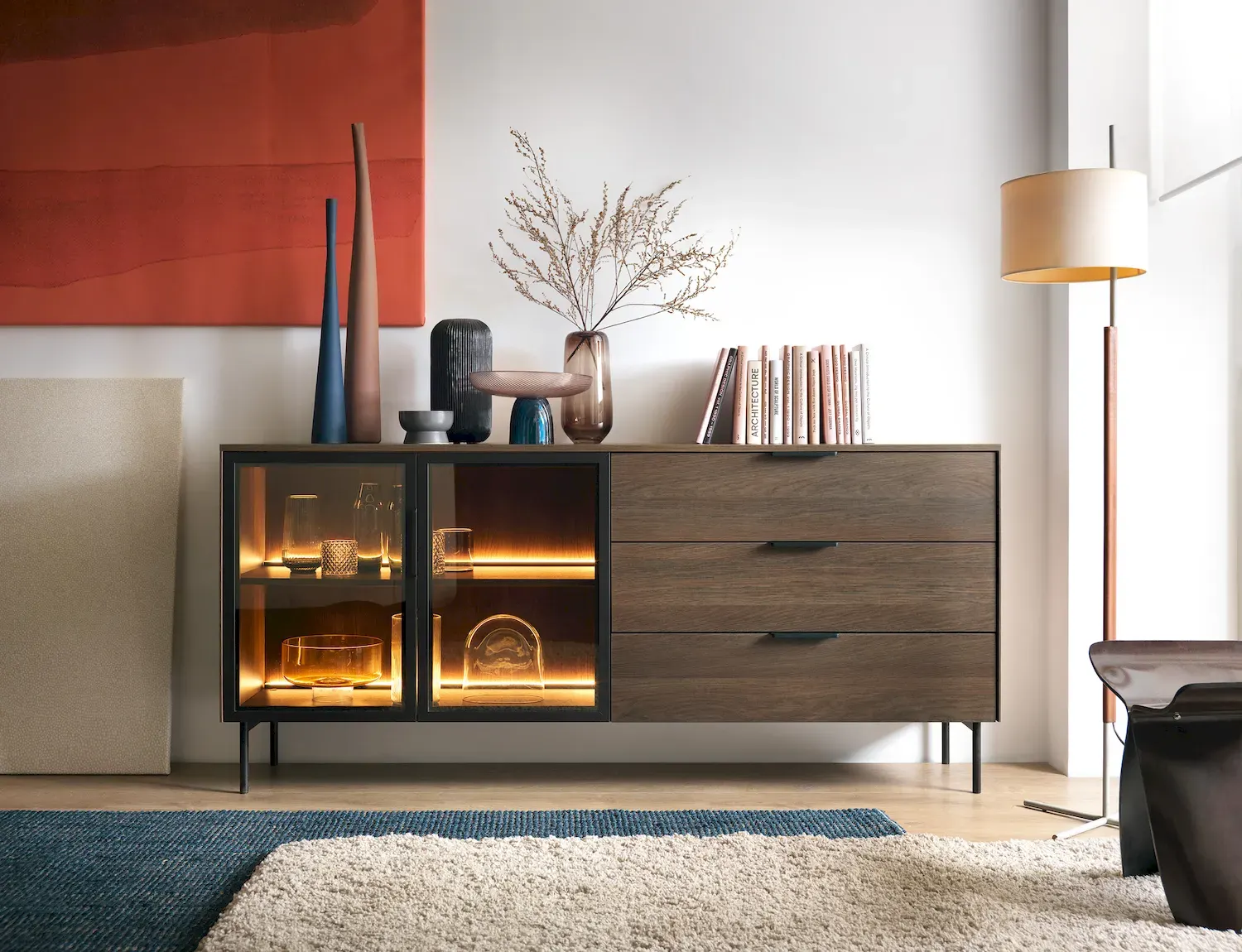 Komoda 2-drzwiowa z 3 szufladami LUMI z oświetleniem LED dąb dunin - LA_LUMI_KOMODA_181_2D3S_DUNIN