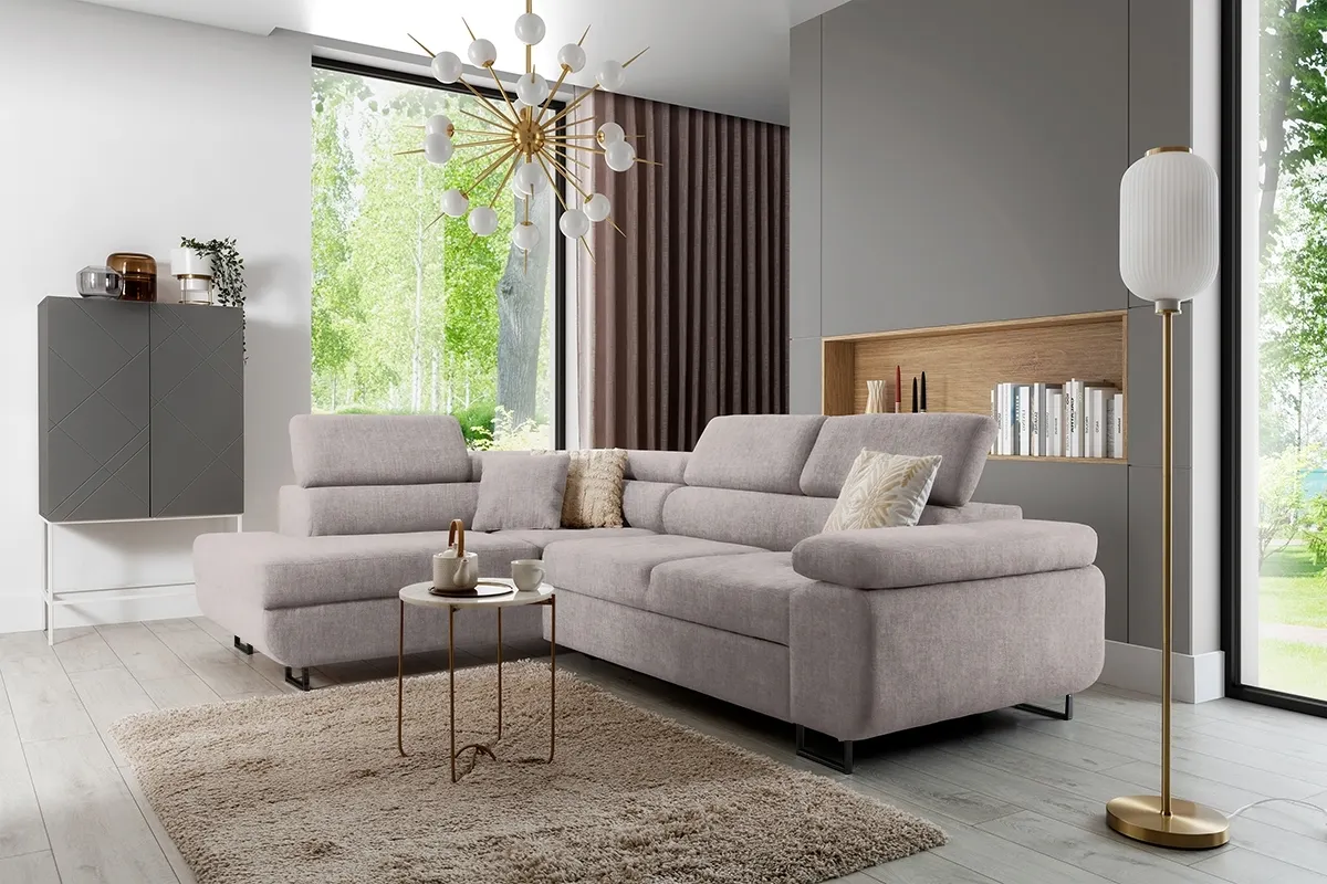 Narożnik lewostronny ANNABELLE L regulowane zagłówki nogi czarne tkanina Maya 01 beżowy - B_165788