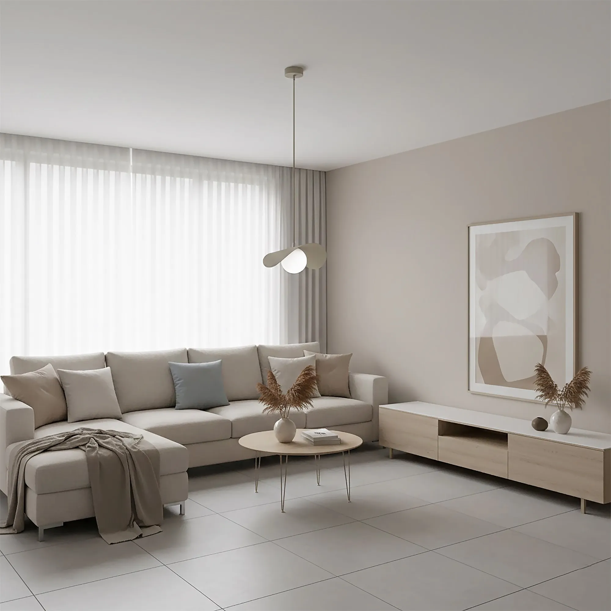 image sofa, pokój dzienny, beżowy, rogowy modułowy, stolik kawowy