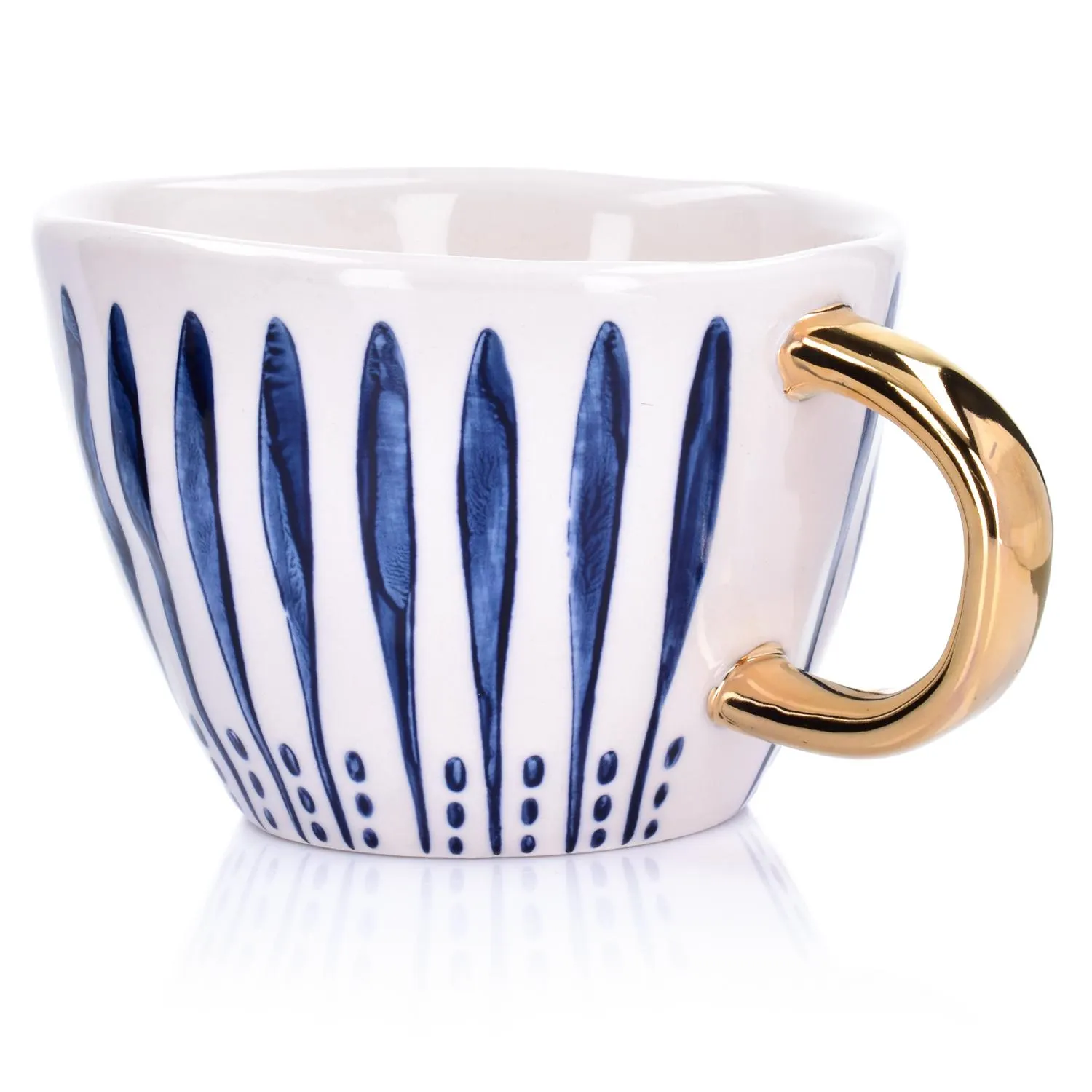 porcelanowy kubek, niebieskie paski, złota rączka, mug ceramiczny, dekoracyjny kubek