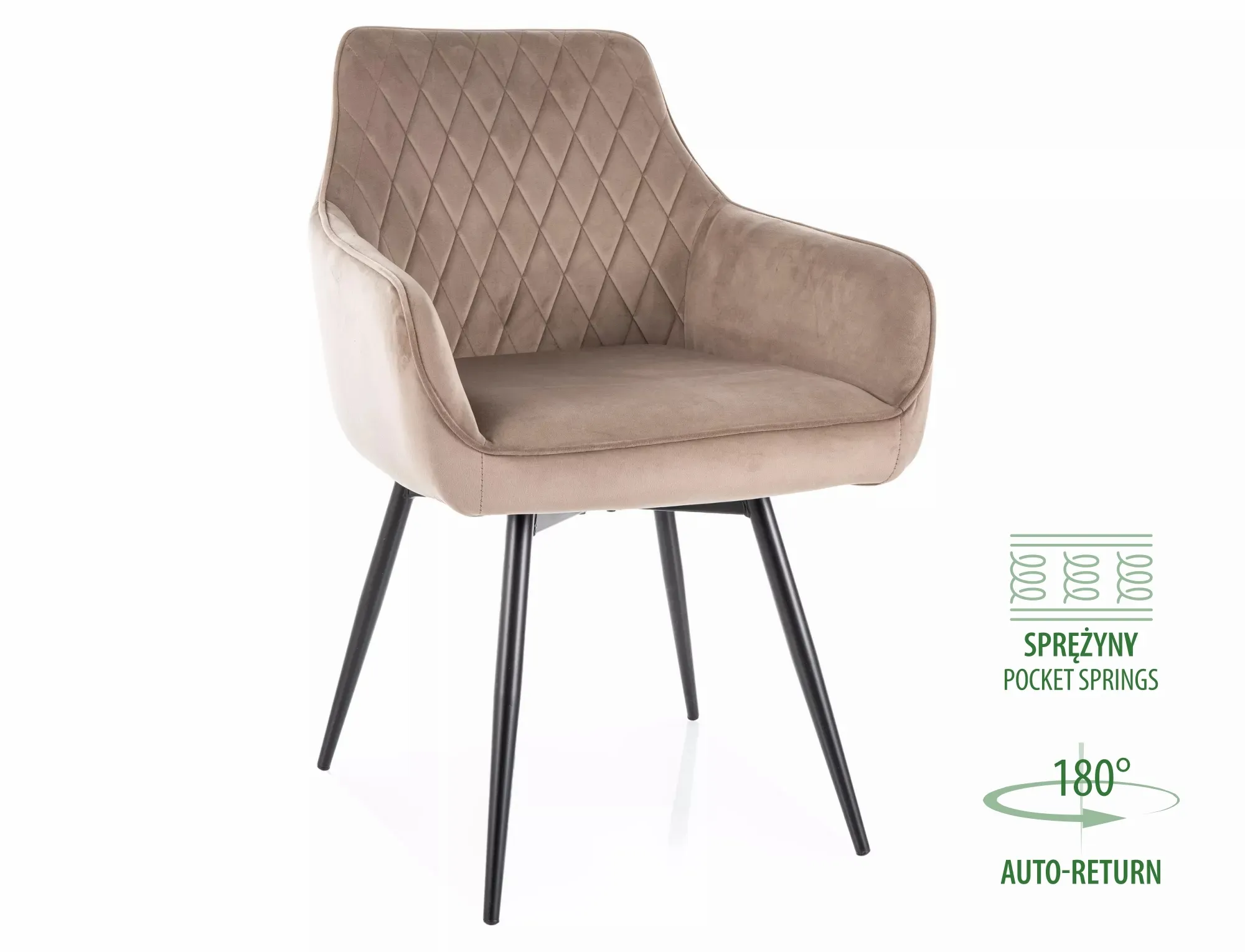 Krzesło z podłokietnikami MARLO VELVET Bluvel 40 pikowane beżowe czarne nogi