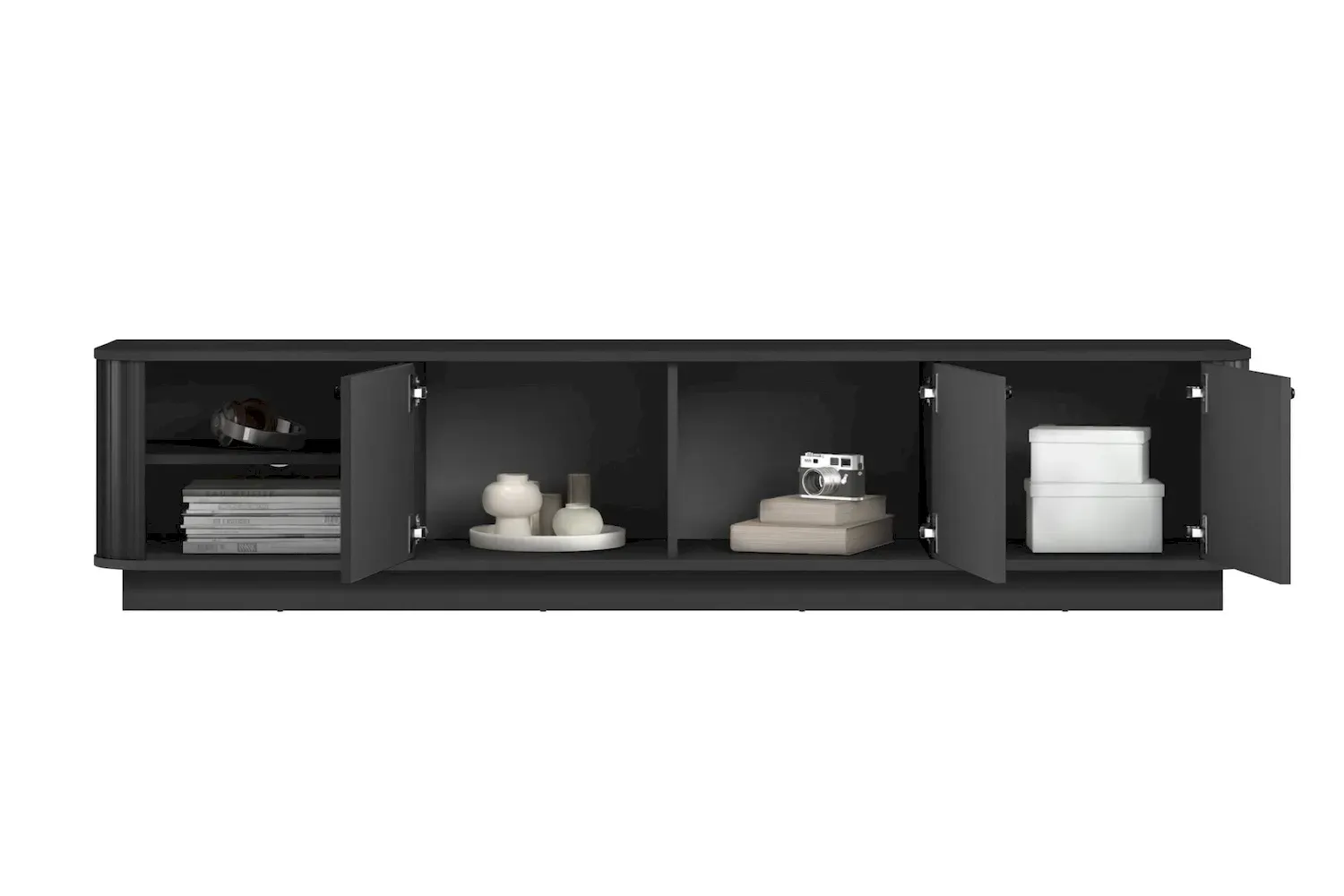 Szafka RTV 3-drzwiowa VESPER ryflowany front - czarny czarne uchwyty cokół - B_169450