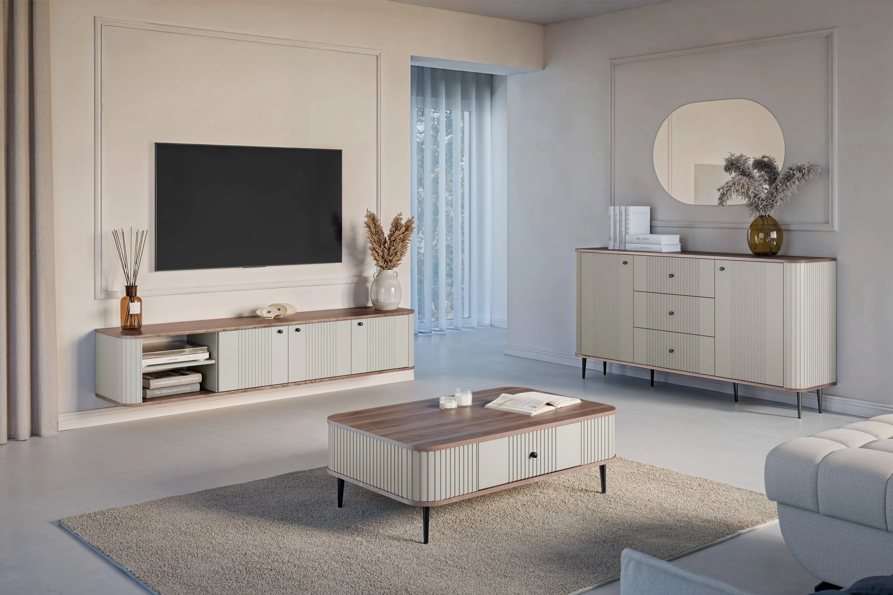 Komoda 2-drzwiowa z 3 szufladami VESPER 160 ryflowany front cashmere orzech czarne nogi - B_163604